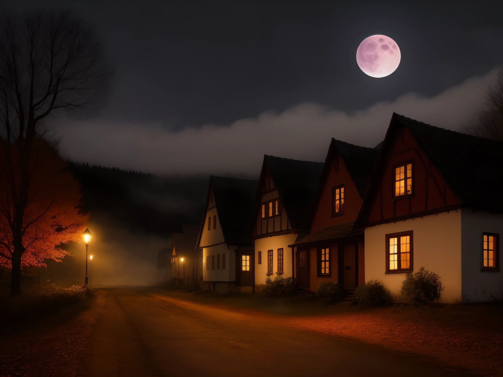 German countryside town, night, ominous, large purple moon overhead, red fog on the ground, scary, unsettling, crimson fog, red cloud