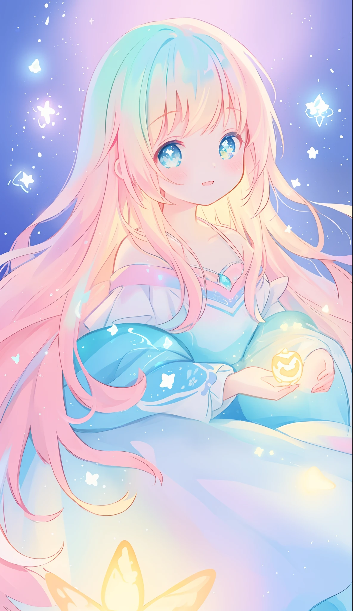 beautiful girl, puffy tiered ballgown, vibrant pastel colors, (colorful), glowing golden long hair, magical lights, sparkling magical liquid, inspired by Glen Keane, inspired by Lois van Baarle, disney art style, by Lois van Baarle, glowing aura around her, by Glen Keane, jen bartel, glowing lights! digital painting, flowing glowing hair, glowing flowing hair, beautiful digital illustration, fantasia background, whimsical, magical, fantasy, ((beautiful face)), ((masterpiece, best quality)), intricate details, highly detailed, sharp focus, 8k resolution, sparkling detailed eyes, liquid watercolor