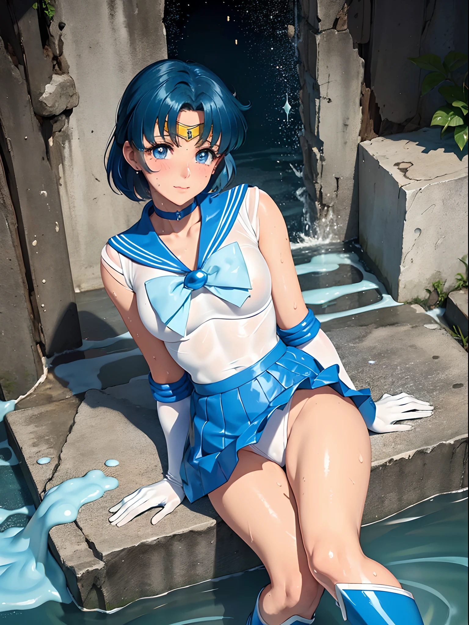 Sailor Mercury Full limbs complete fingers Transformation heroine of justice Enameled White Leotard Enamel Blue Boots Wrinkled boots Enamel White Gloves Enamel Blue Mini Skirt Neat and clean image Enamel Blue Choker Gold decoration Costumes with fancy decorations justice poneyTail semi long hair hair adornments Crying expression Opening Mouth Squinting eyes Jockey Boots thrust out one's hip Open your legs laying on back Full body painting Put your hand on your crotch Underarm is visible Long boots below the knee Raw feet Soaking a large amount of white slime Open your crotch bend knee お漏らし Yellow water flowing from the crotch full of sweat Leotards are wet and skin visible sodden In a dark cave The surroundings are full of white slime, Turbid liquid Pool full of white slime White slime drips from above indulge Countless tentacles around