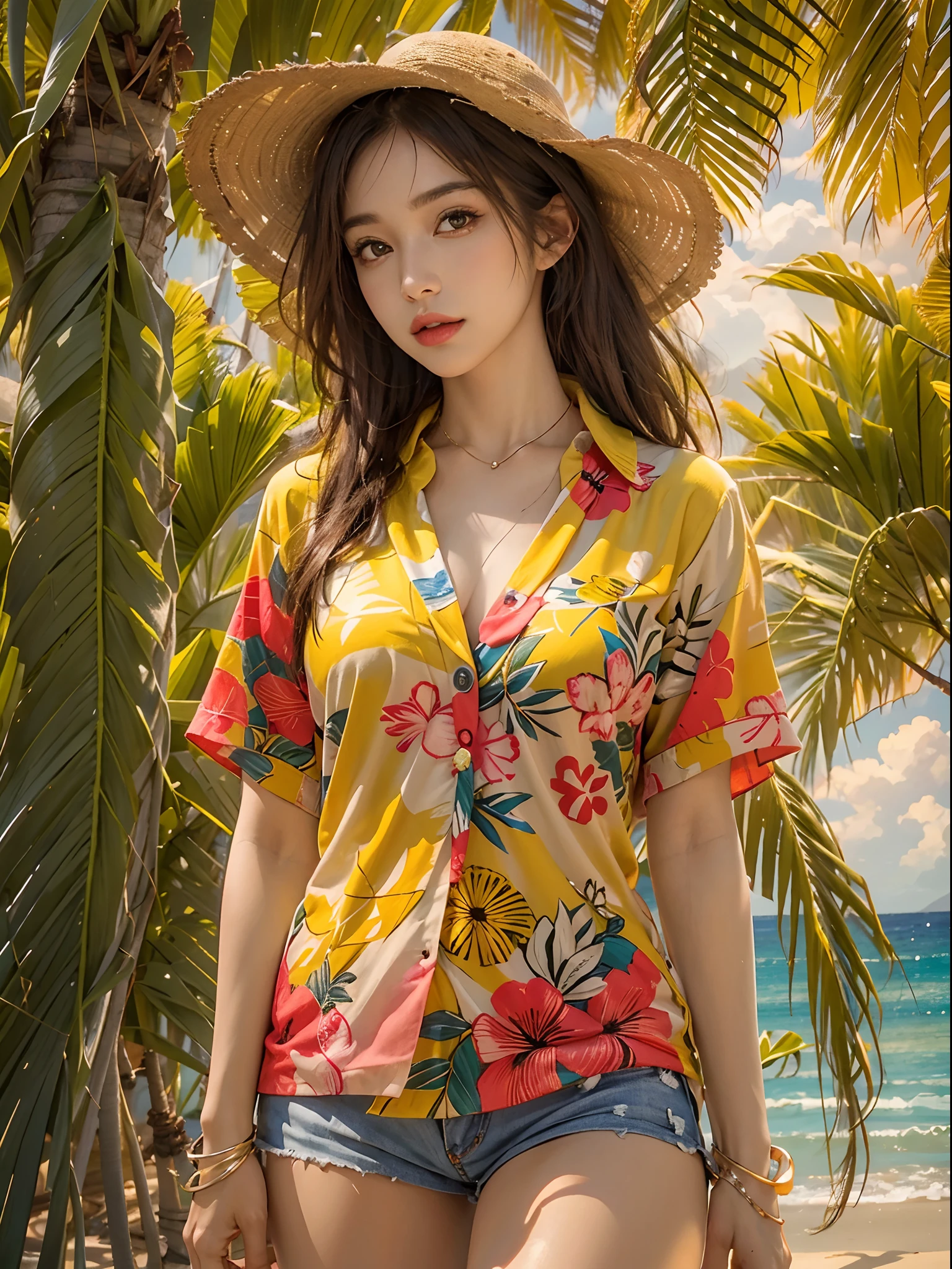 Happy smile when looking at this、Photorealistic, High resolution, 1womanl, Solo, hips up high, look at viewr, (Detailed face), Colorful Summer Wear, Aloha shirts, Beach