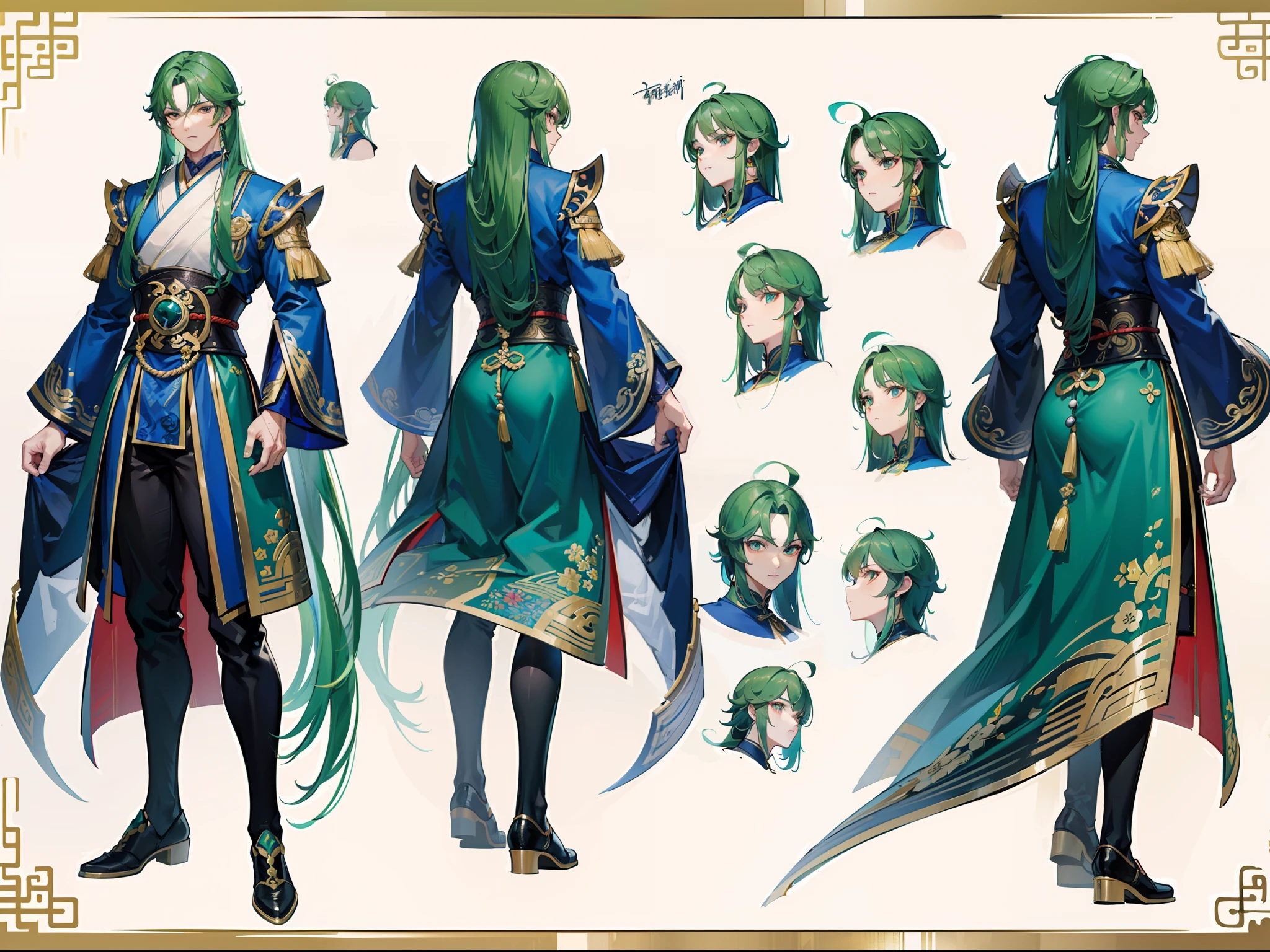 ((Masterpiece, Highest quality)), Detailed face, character design sheet, full bodyesbian, Full of details, frontal body view, back body view, Highly detailed, Depth, Many parts, Muscle boy with green long hair,handsome man, Traditional chinese clothes, Genshin Impact, man tall