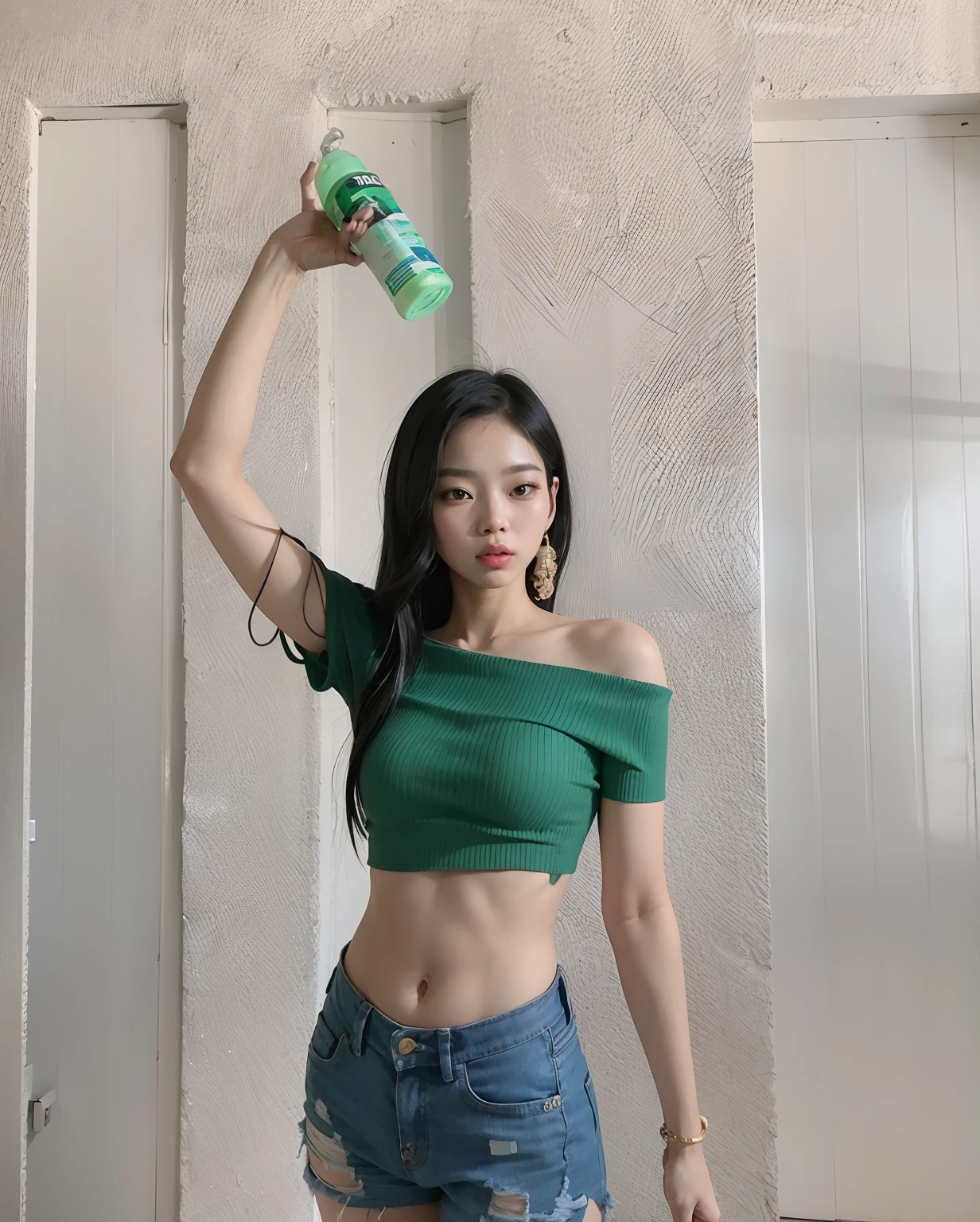 Asian woman araffed in a green top holding a water bottle, foto de modelo de slim, foto de menina, menina coreaysical : tinyest midriff ever, cintura magra e quadris grossos, Wenfei Ye, young skinny gravure idol, jennie blackpink, Heonhwa Choe, Jaeyeon Nam, her navel is exposed