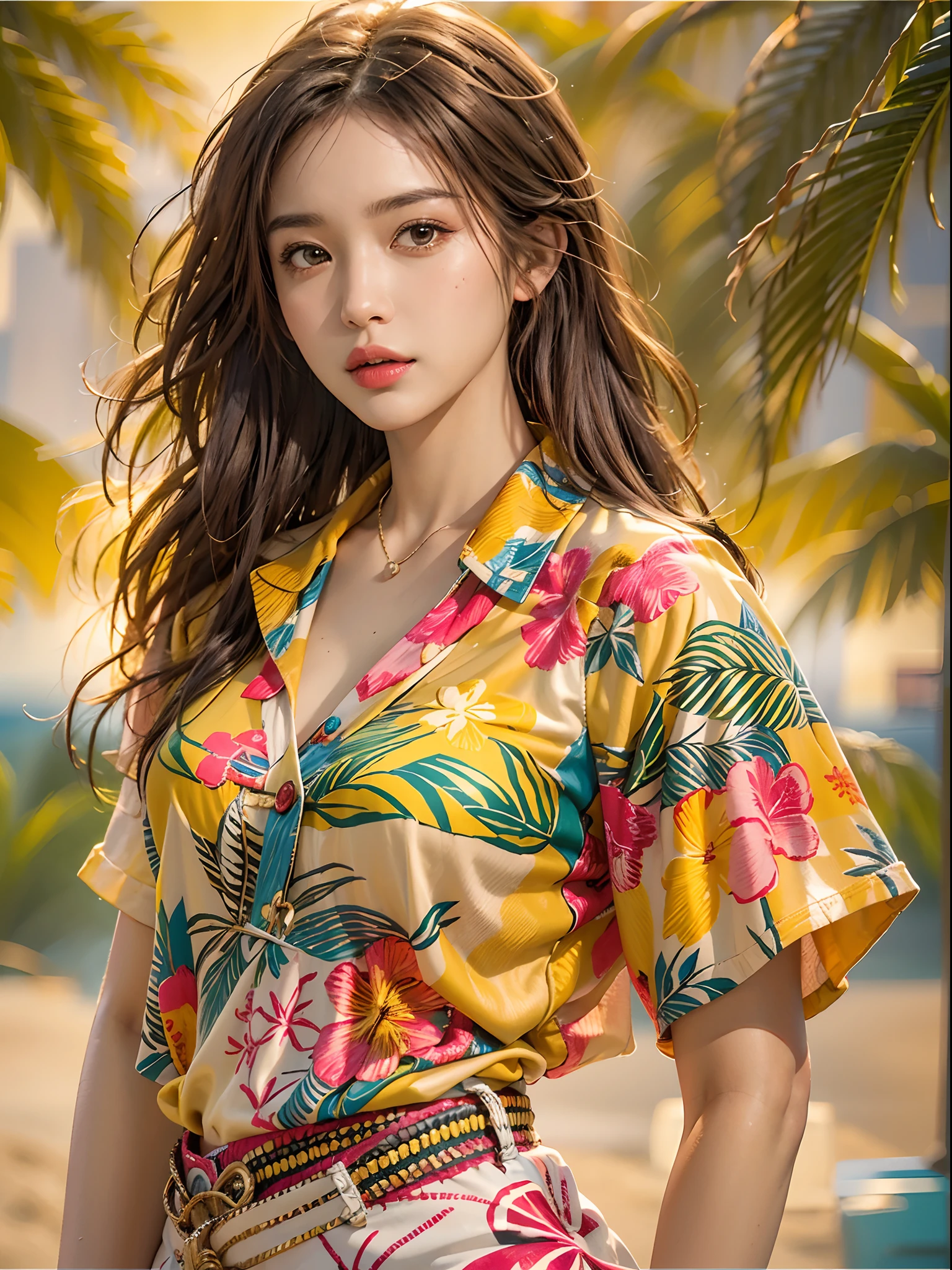 (best quality,high resolution:1.2),ultra-detailed,(photorealistic:1.37),1woman,solo,hips up,look at viewer,detailed face,colorful summer wear,vibrant,aloha shirt,beach,golden hour lighting