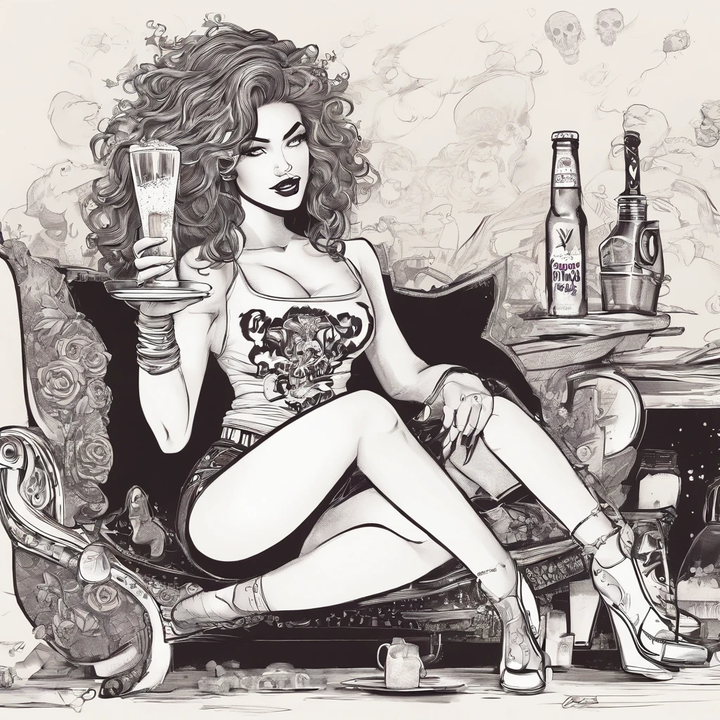 drawing of a sensual woman in rocker style with a beer in her right hand and left hand making the rock and roll symbol, with tattoos on her arm
