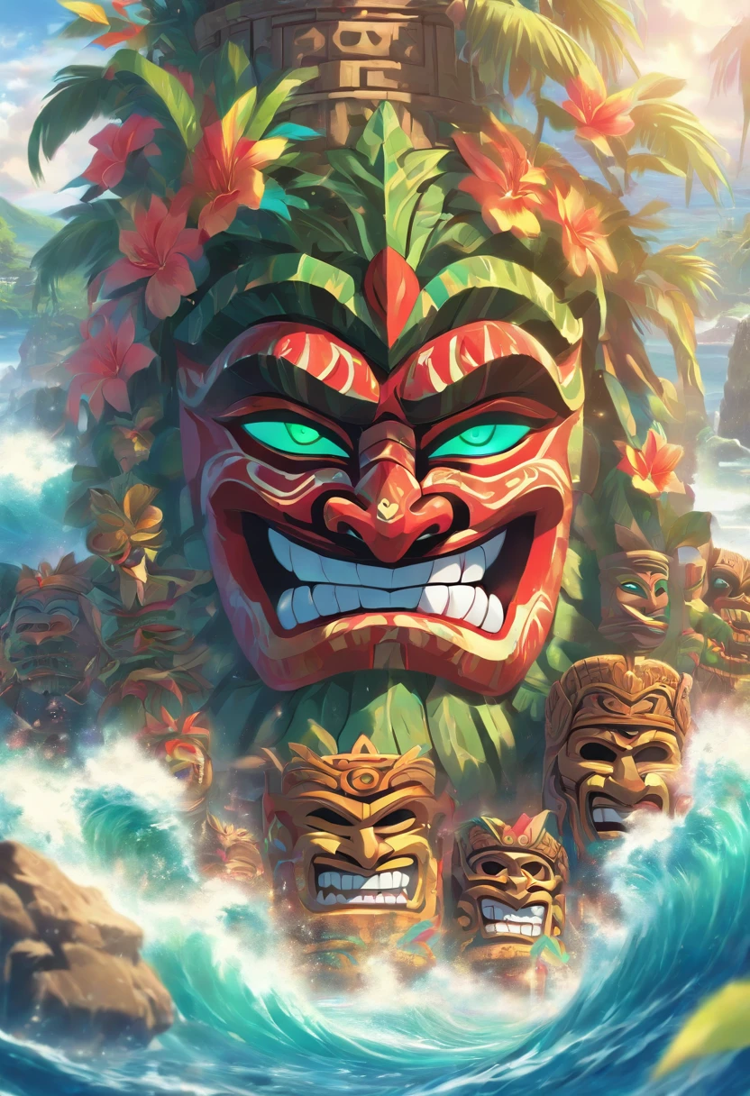 (((KU))) best quality, ultra-high resolution, 4K detailed CG, masterpiece, Hawaiian God, Hawaiian mythology, ((Tiki mask)), Maori image, aesthetic, screen-centric