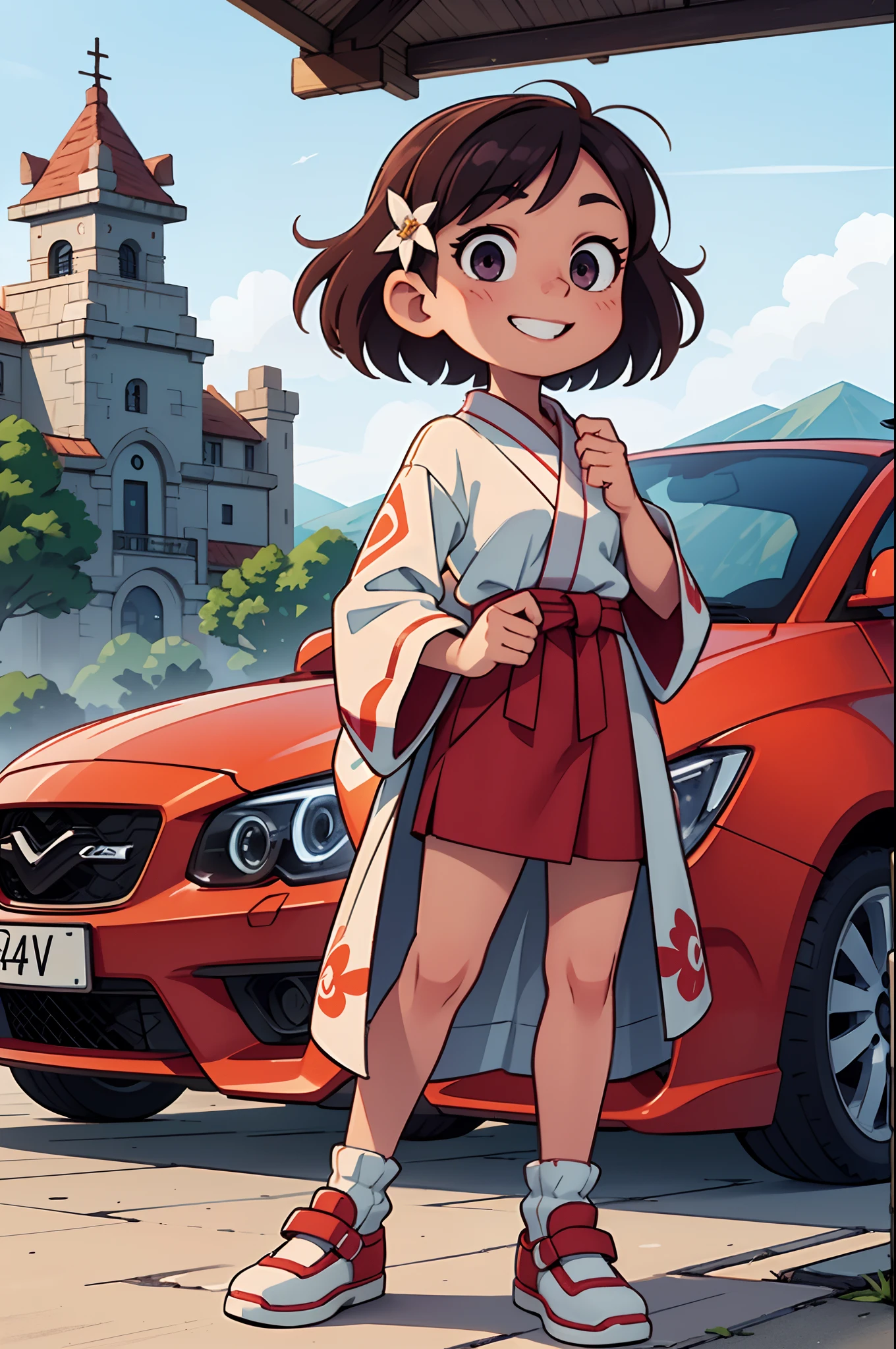 Octane Render、(Hyper-detailing: 1.15)、(Soft light、sharp: 1.2)、morning、 posing in front of colorful EV in mountain parking lot, Traditional costumes、Distinctive ethnic hair ornaments、Characteristic ethnic shoes、 Fuji Film, F/4.0, masutepiece, Anatomically correct、A smile, radiant light