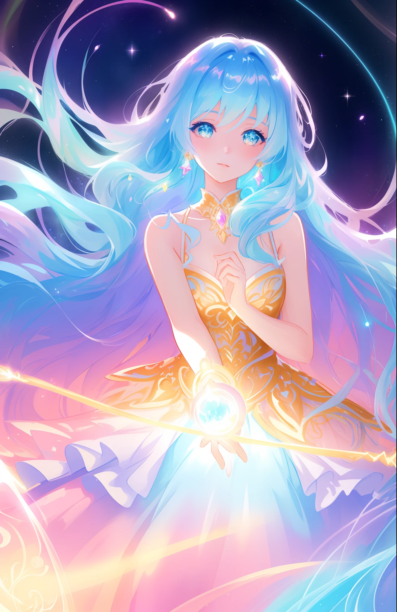 beautiful girl, puffy tiered ballgown, vibrant pastel colors, (colorful), glowing golden long hair, magical lights, sparkling magical liquid, inspired by Glen Keane, inspired by Lois van Baarle, disney art style, by Lois van Baarle, glowing aura around her, by Glen Keane, jen bartel, glowing lights! digital painting, flowing glowing hair, glowing flowing hair, beautiful digital illustration, fantasia background, whimsical, magical, fantasy, ((beautiful face)), ((masterpiece, best quality)), intricate details, highly detailed, sharp focus, 8k resolution, sparkling detailed eyes, liquid watercolor
