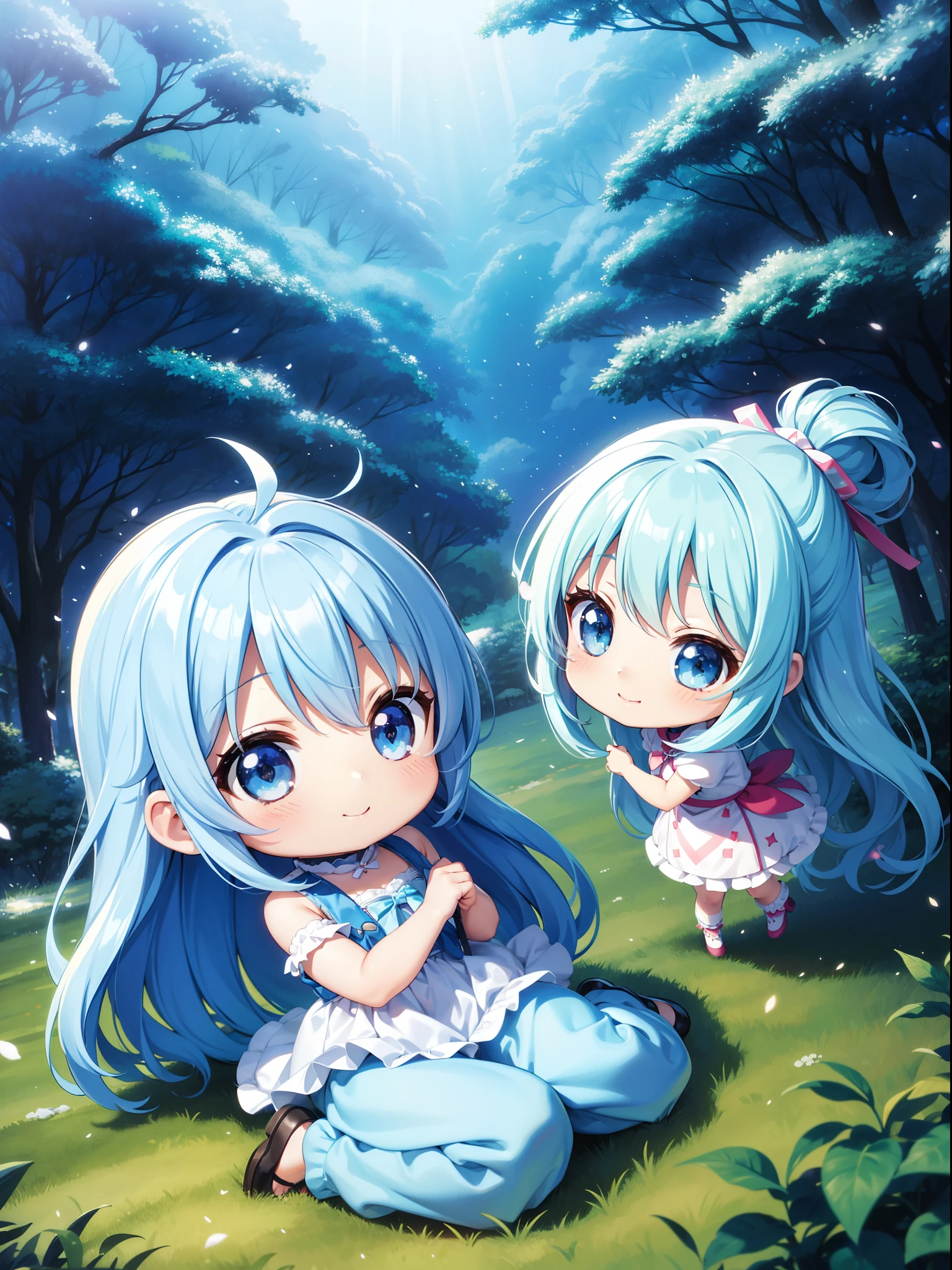 Chibichara Sparkling snowscape(a picture) The air is shining、long hair with blue hair((Chibi Chara))、colorful outfit、A charming smile、Fluffy、girl with、Chibi Chara、Friends of the Forest、full body Esbian、Pastel colors hair、masutepiece、top-quality、