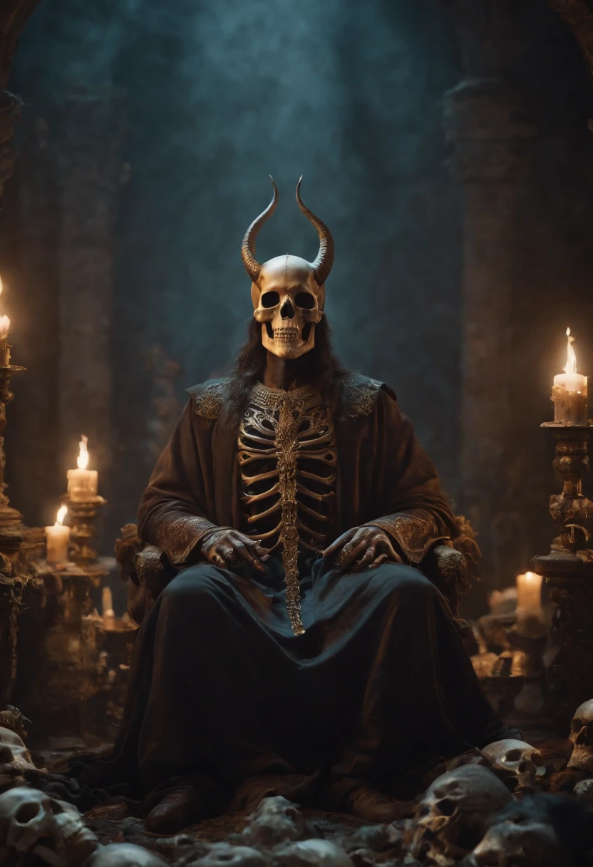 skull lucifer sitting above a pile of corpses, fantasy, intricate, elegant, highly detailed, centered, symmetry, painted, intricate, volumetric lighting, beautiful, rich deep colors masterpiece, sharp focus, ultra detailed, in the style of dan mumford and marc simonetti, astrophotography
