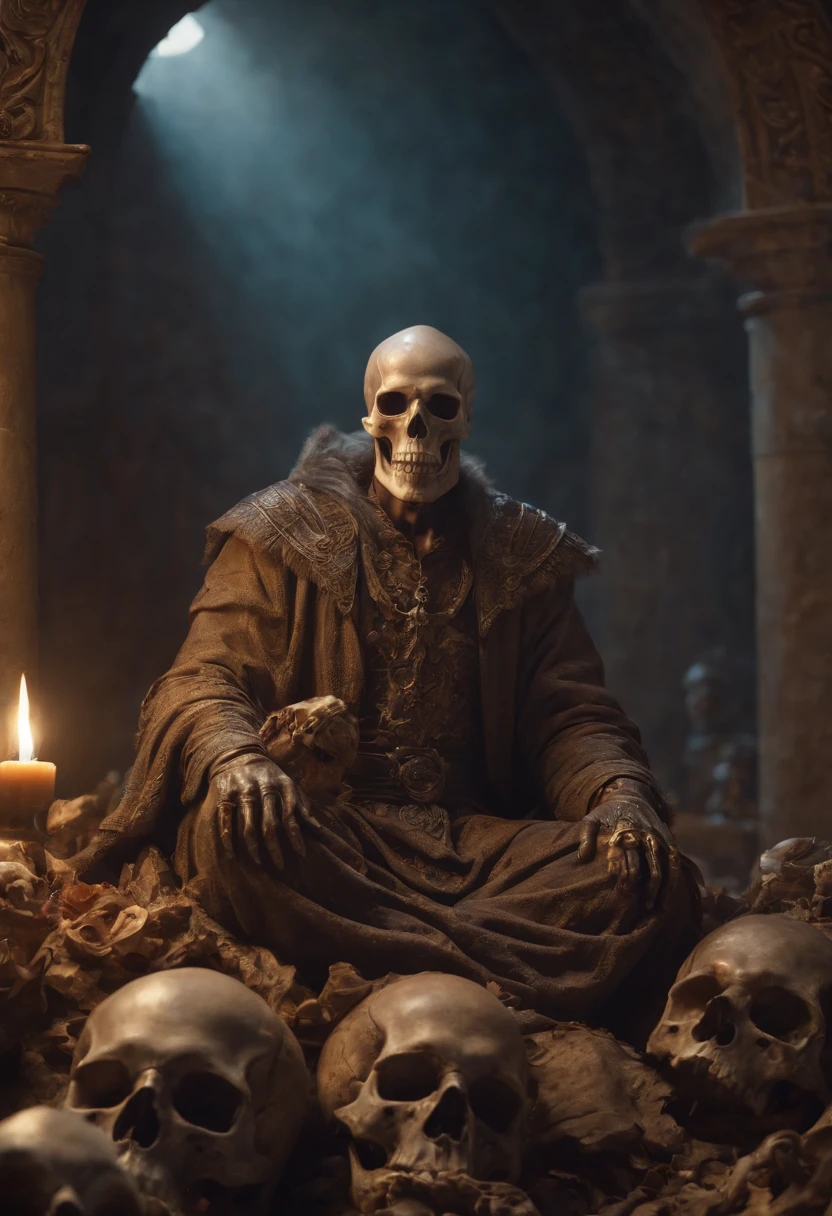 skull lucifer sitting above a pile of corpses, fantasy, intricate, elegant, highly detailed, centered, symmetry, painted, intricate, volumetric lighting, beautiful, rich deep colors masterpiece, sharp focus, ultra detailed, in the style of dan mumford and marc simonetti, astrophotography