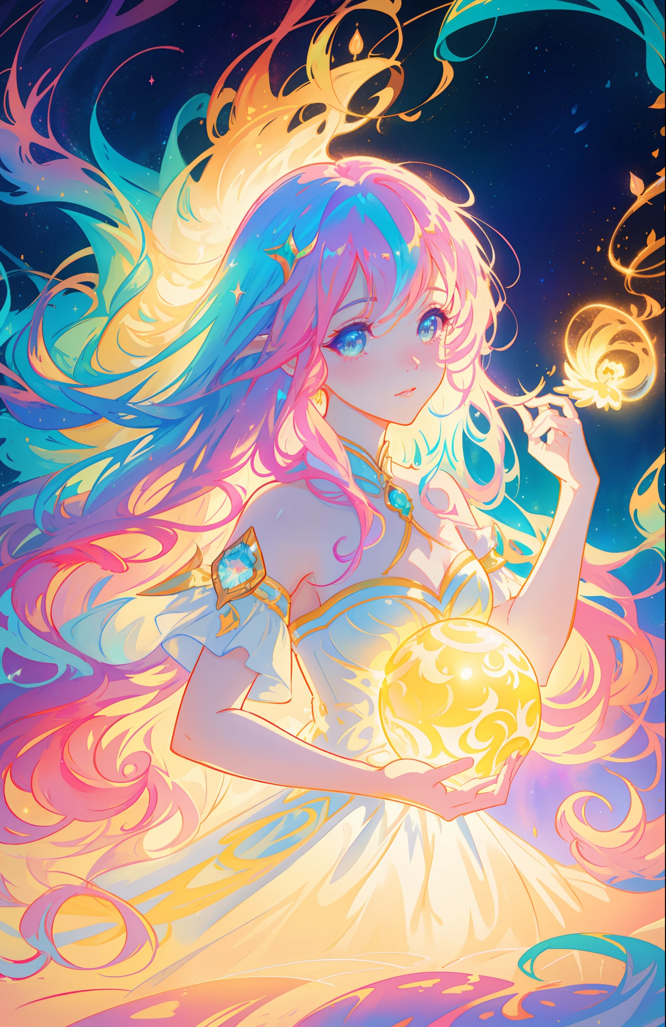 beautiful girl, puffy tiered ballgown, vibrant pastel colors, (colorful), glowing golden long hair, magical lights, sparkling magical liquid, inspired by Glen Keane, inspired by Lois van Baarle, disney art style, by Lois van Baarle, glowing aura around her, by Glen Keane, jen bartel, glowing lights! digital painting, flowing glowing hair, glowing flowing hair, beautiful digital illustration, fantasia background, whimsical, magical, fantasy, ((beautiful face)), ((masterpiece, best quality)), intricate details, highly detailed, sharp focus, 8k resolution, sparkling detailed eyes, liquid watercolor