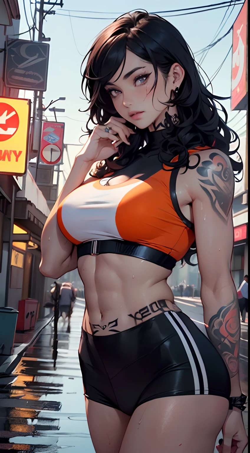 girl sporty,((attractive and muscular girl)),(tomboy),
(large breasts:1.4),saggy breasts,(((black hair:1.35,curly hair, disheveled hair:1.3,very long hair:1.4,colored inner hair,ear breathing))),((heterochromia:1.5, (orange_eye and red_eye))),intricate eyes,beautiful detailed eyes,symmetrical eyes,(((lustrous skin:1.5,bright skin: 1.5,skin tanned,shiny skin,very shiny skin,shiny body,plastic glitter skin,exaggerated shiny skin,illuminated skin, wet legs))),(spider lower abdomen,narrow waist,wide hip,athletic body,inflated legs,detailed body),(((muscle legs,muscular thighs,muscular girl,strong and muscular,bodybuilder,strong body,muscular,feminine and muscular,ABS))),(detailed face),(((tattoos:1.5))),
cute,slutty,seductive,erotic,(((nsfw))),
zettai ryouiki,((tight sports bra, tight sports panties, ((orange and black clothes)))),((wet clothes,intricate outfit,intricate clothes)),
(dynamic pose:1.0),annoyed,(centered,scale to fit dimensions,Rule of thirds),
cyberpunk city by the ocean at night, with bright neon signs and dark stormy clouds and puddles, scenery:1.25,
artistic photography,(photography taken by sldr),highres, sharp focus, (ultra detailed, extremely detailed), (photorealistic artwork:1.37),(extremely detailed CG unity 8k wallpaper),((synthwave background theme)),(((vibrant colors))),(intricate background),(masterpiece),(best quality),