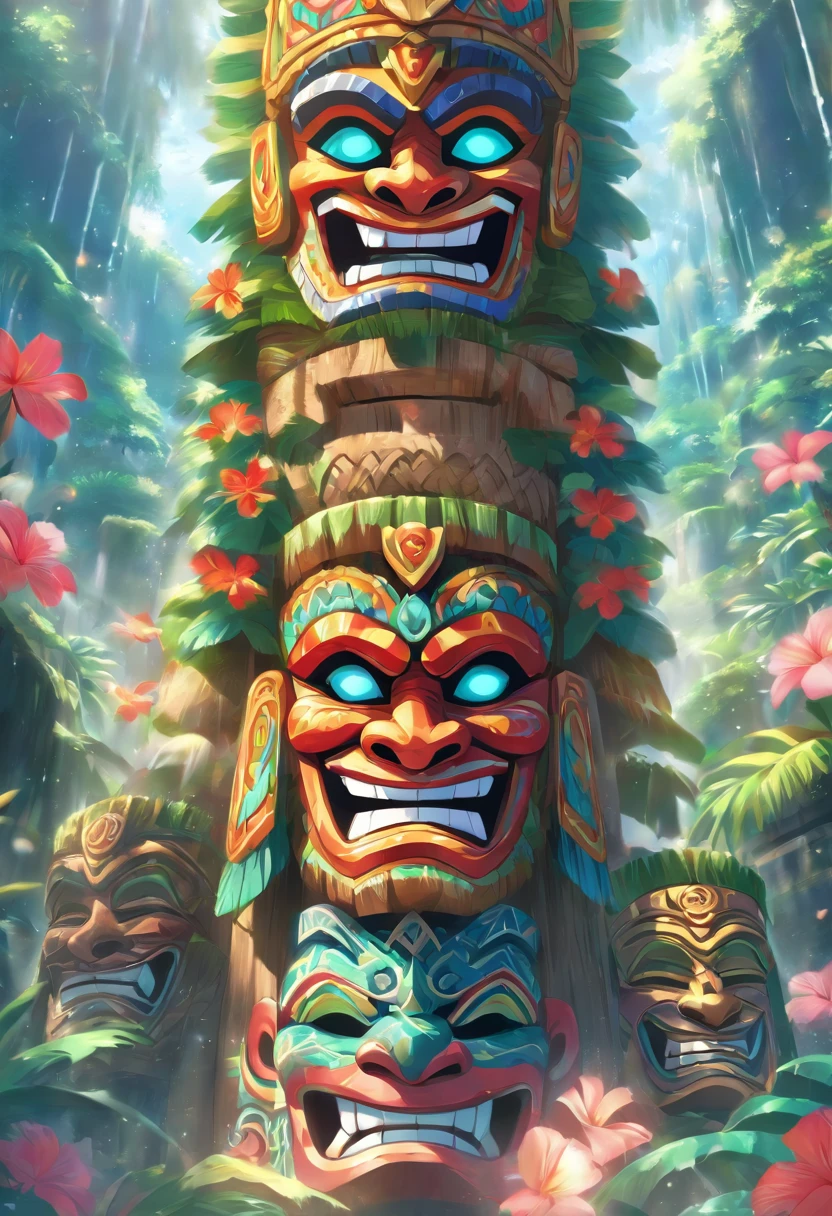 (((KU))) best quality, ultra-high resolution, 4K detailed CG, masterpiece, Hawaiian God, Hawaiian mythology, ((Tiki mask)), Maori image, aesthetic, screen-centric