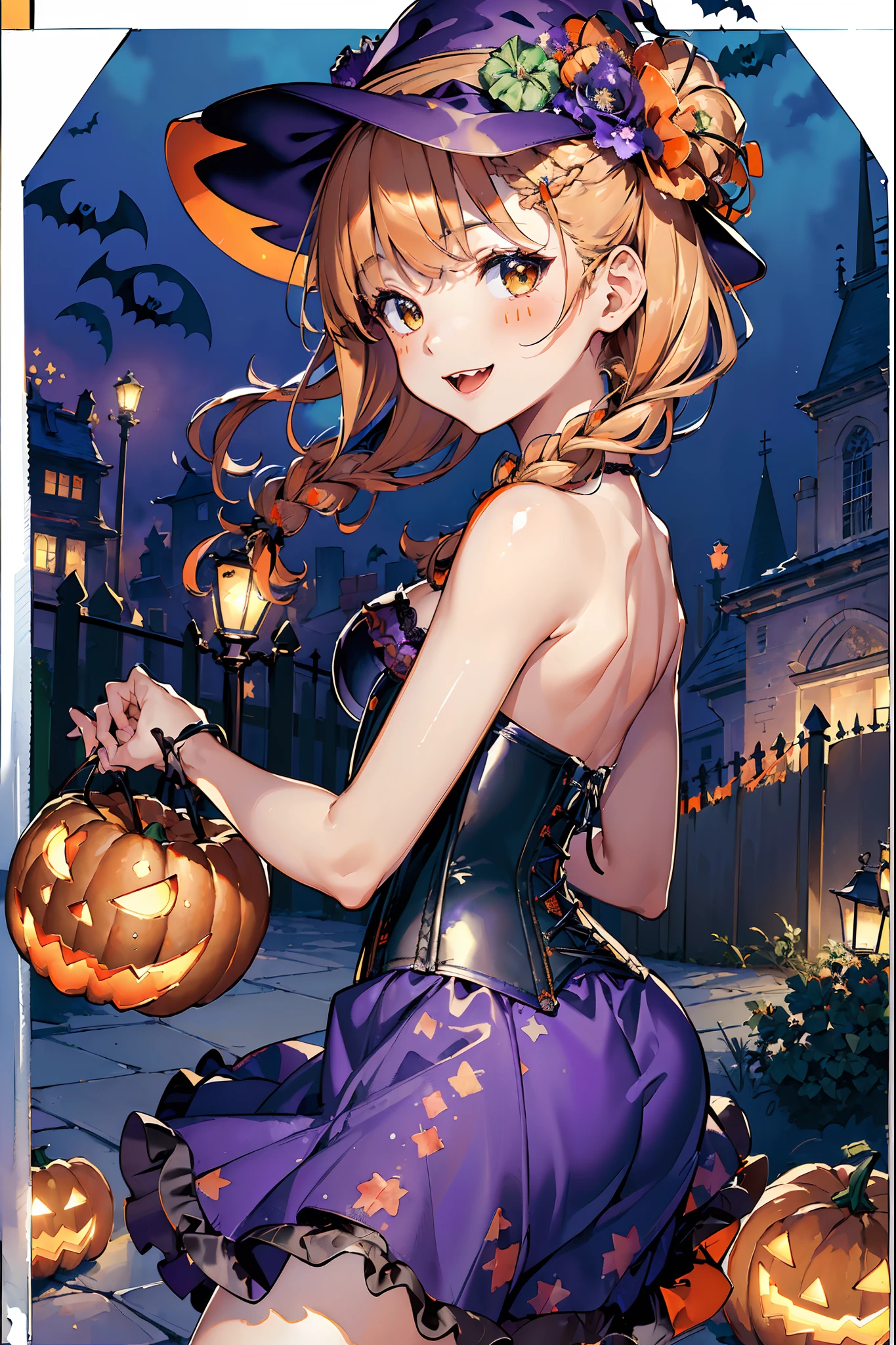 (masterpiece:1.5), high quality, very high resolution, perfect anatomy, detailed, (Transparent of light:1.3), dispersion of light, diffraction of light, (Mysterious:1.4), dynamic pose, dynamic angle, from side, ((cute 1 girl)), 16years old, cute smile, ((witch hat, bob French braid hair, flower hair ornament)), ((embroidery dress, corset, lace and frills)), looking at viewer, looking back, (((jack-o-lantern, historical cityscape in Europe))), ((post impressionism Paul Cézanne style watercolor)), (chiyogami pattern, kaleidoscope effect), (((Halloween party, happy Halloween)))),after rain:1.5,night:1.2