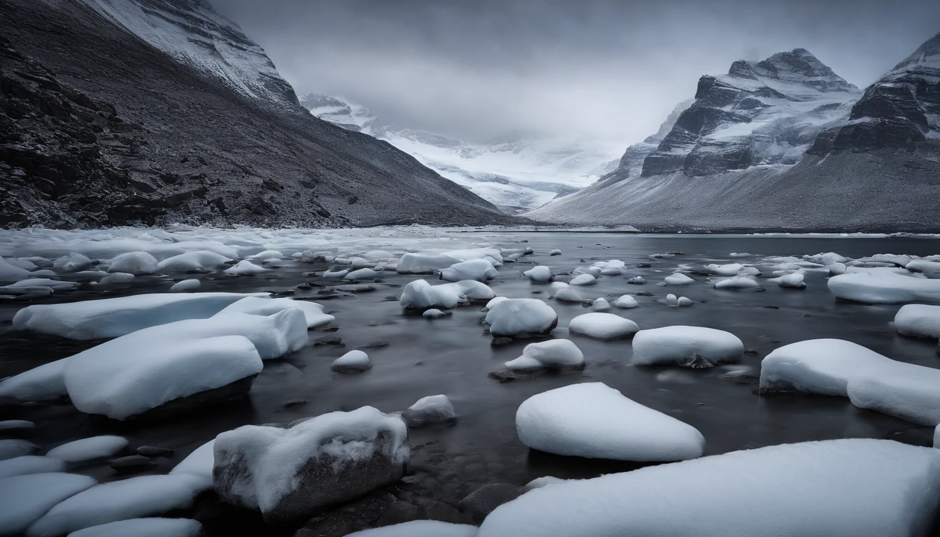 a vast icy Antarctic scenery, com montanhas cobertas de neve e um horizonte vasto e branco. The silence is almost eerie, enquanto o vento sopra gelidamente, And you realize you're in one of the most remote places on the planet. Hd, hiper-realist