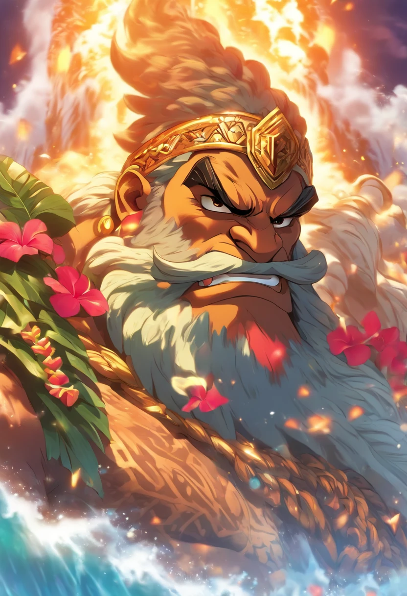 (((Hawaiian God))) best quality, ultra-high resolution, 4K detailed CG, masterpiece, OLD GOD,white beard, Hawaiian mythology, ((SUPREME GOD)), Maori image, aesthetic, screen-centered