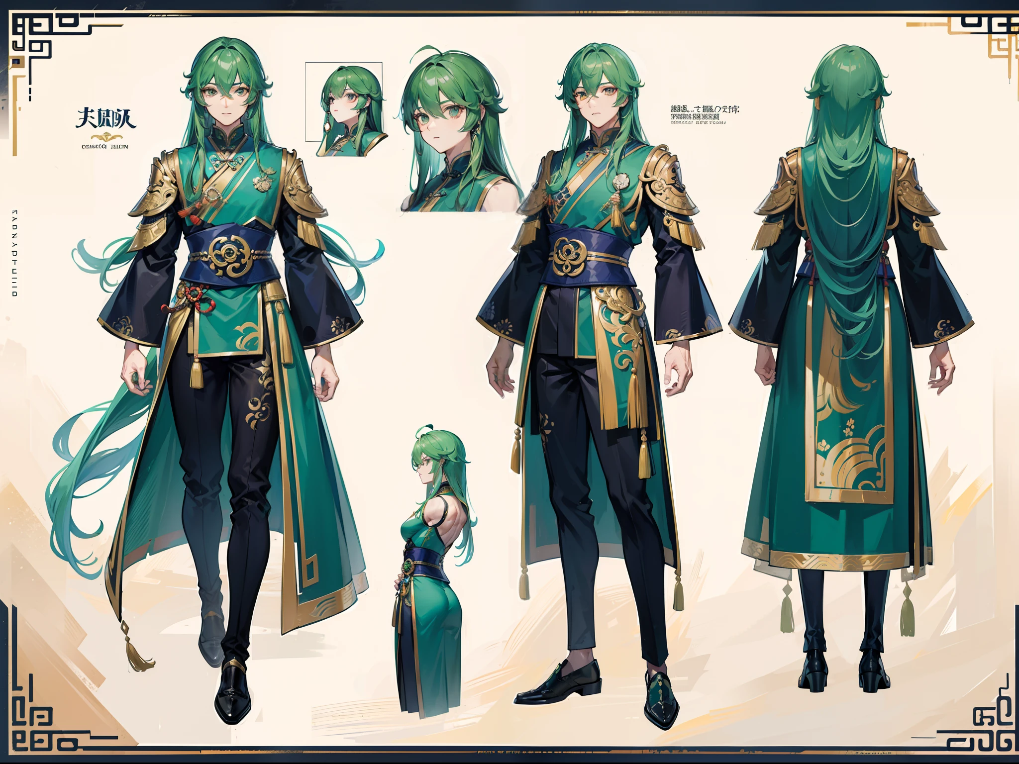 ((Masterpiece, Highest quality)), Detailed face, character design sheet， full bodyesbian, Full of details, frontal body view, back body view, Highly detailed, Depth, Many parts, Muscle boy with green long hair，handsome man, Traditional chinese clothes, Genshin Impact, man tall