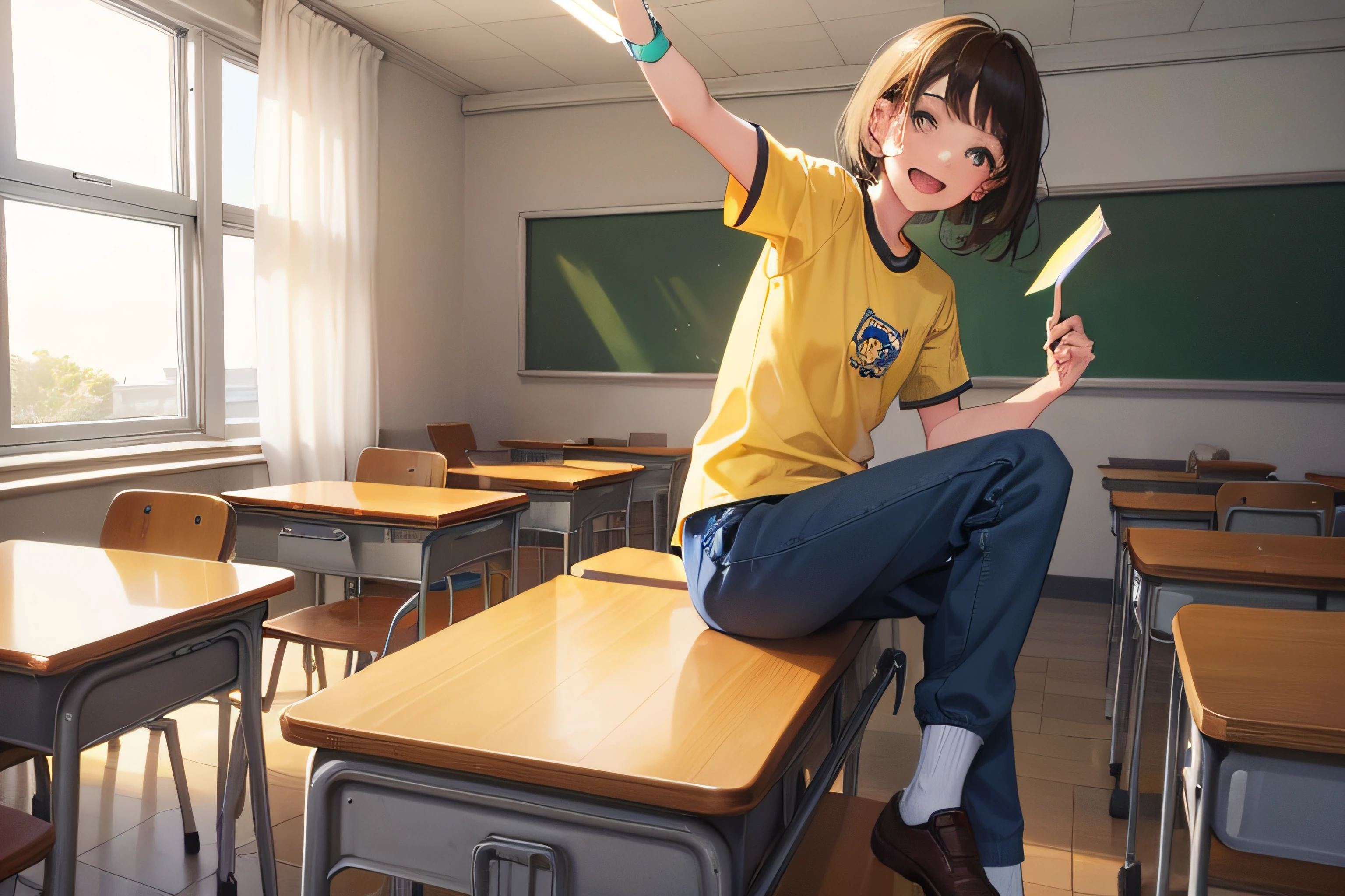 a happy Caucasian student about 13 years old in school uniform, Yellow T-shirt and blue long pants in the classroom