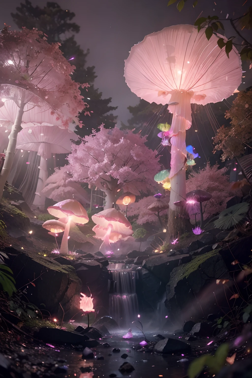 fluffy pink cotton candy gossamer mushroom trees, glowing bioluminescent rolling paths that tumble water spilling cascading rubble tumble timing padded leaves red pandas tiny yellow fairies darkness small lighted fires in circles, 24k resolution, hyperdetailed, photorealistic mythical mystical misty low foggy dews pixies porcelain elephants, fairy stories