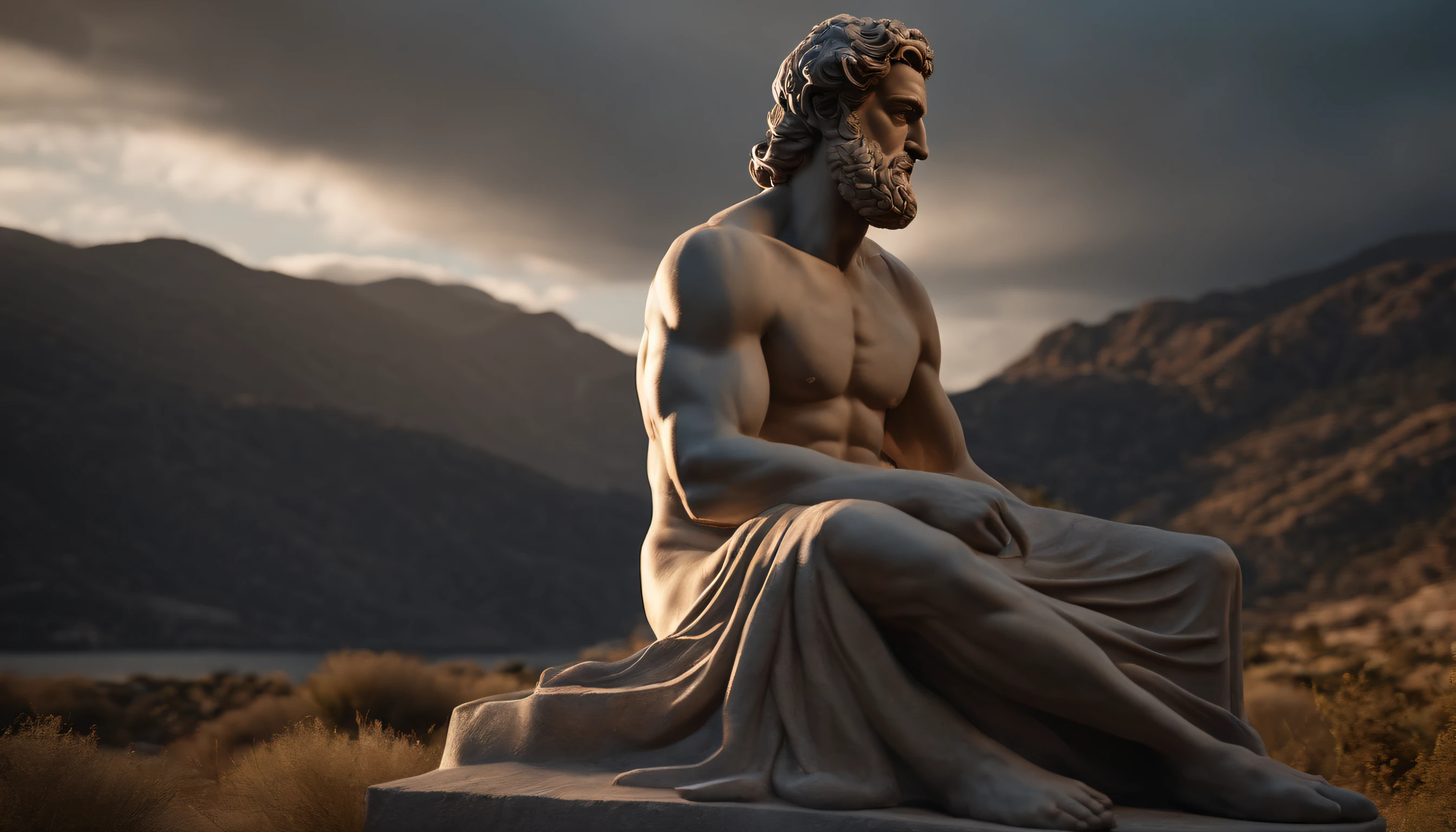 Muscular statue of Greek philosopher, barba grande, cinemactic, fundo escuro, 8k, ultra realistic