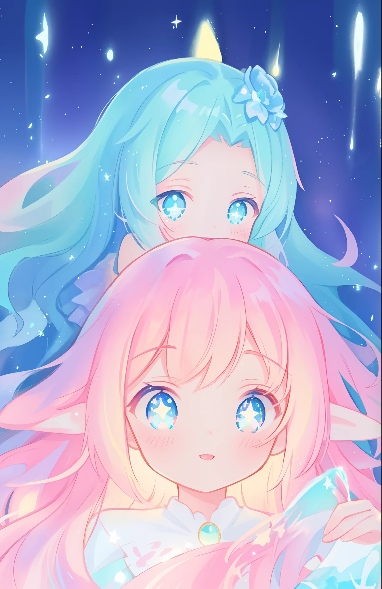 beautiful anime girl in colorful multi-layered ballgown, vibrant pastel colors, (colorful), magical lights, sparkling liquid light, colorful wavy hair, inspired by Glen Keane, inspired by Lois van Baarle, disney art style, by Lois van Baarle, glowing aura around her, by Glen Keane, jen bartel, glowing lights! digital painting, flowing glowing hair, glowing flowing hair, beautiful digital illustration, fantasia background, whimsical, magical, fantasy, beautiful face, ((masterpiece, best quality)), intricate details, highly detailed, sharp focus, 8k resolution, sparkling detailed eyes, liquid watercolor