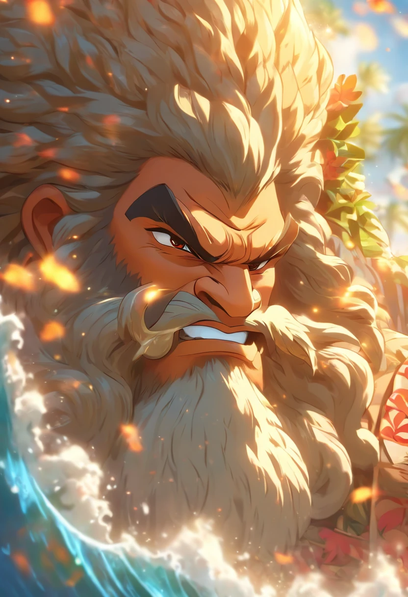 (((Hawaiian God))) best quality, ultra-high resolution, 4K detailed CG, masterpiece, OLD GOD,white beard, Hawaiian mythology, ((SUPREME GOD)), Maori image, aesthetic, screen-centered