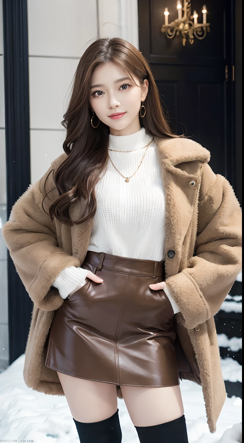 masutepiece, Best Quality, Photorealistic, top-quality, finely detail, Professional Lighting, High resolution, 8K、A hyper-realistic, 1 beautiful woman, Master works, Professional Photographer, in a fluffy brown fur coat,,, a , ligh brown hair, bobhair, piercings, Model Makeup, Stockings, , Short boots, Facing the front, Full Body Pose, Perfect dynamic composition, Beautiful detailed eyes, Smile, In the winter park,