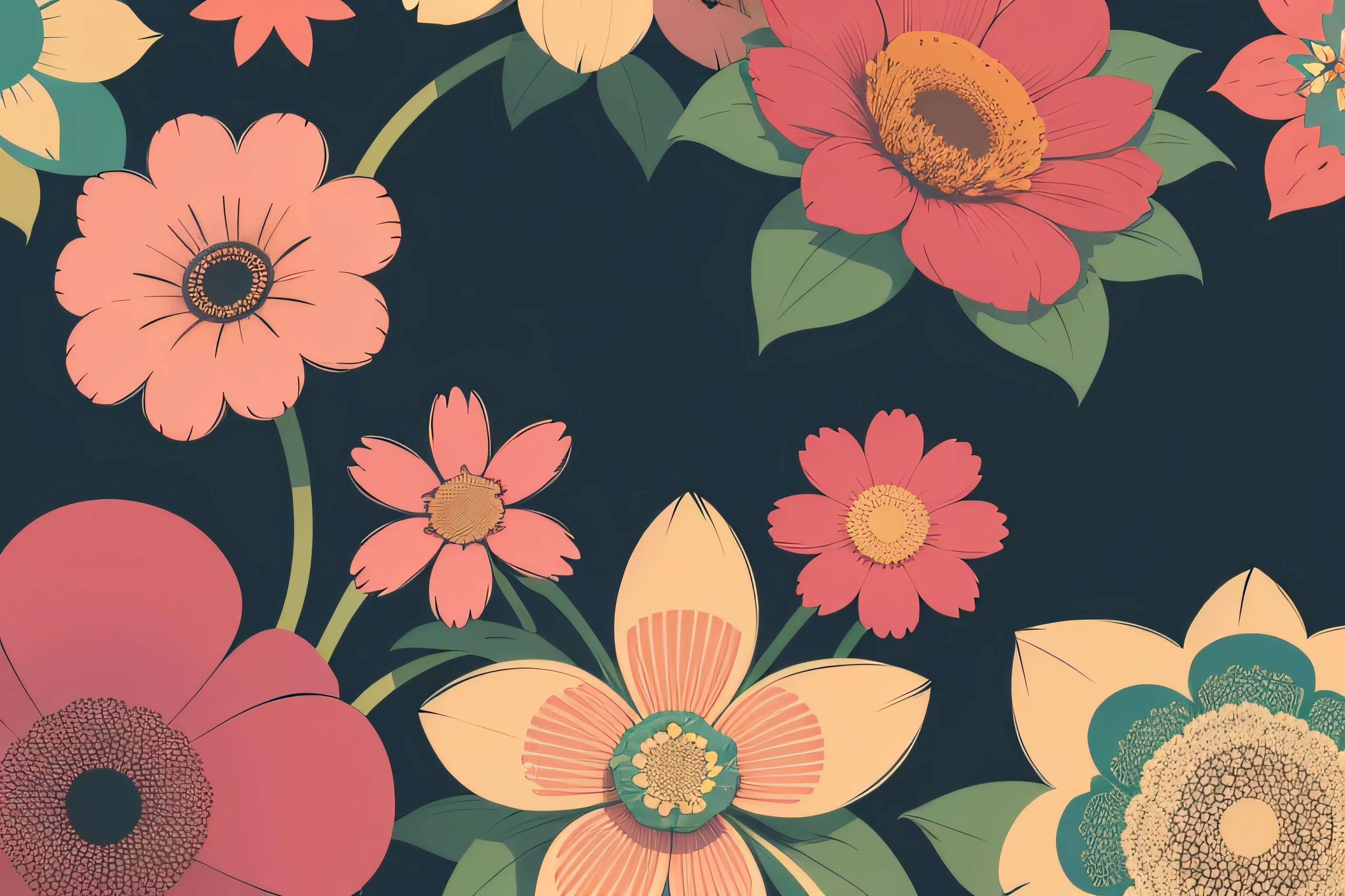 Aesthetic flowers, retro design pattern, multicolored, ((simple)), ((flowers do not protrude from the edges)).