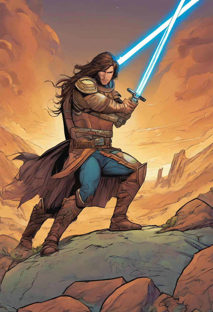 Brown hair, blues, armor, lightsabers, horse, white male, comic book, vigilante, digital art