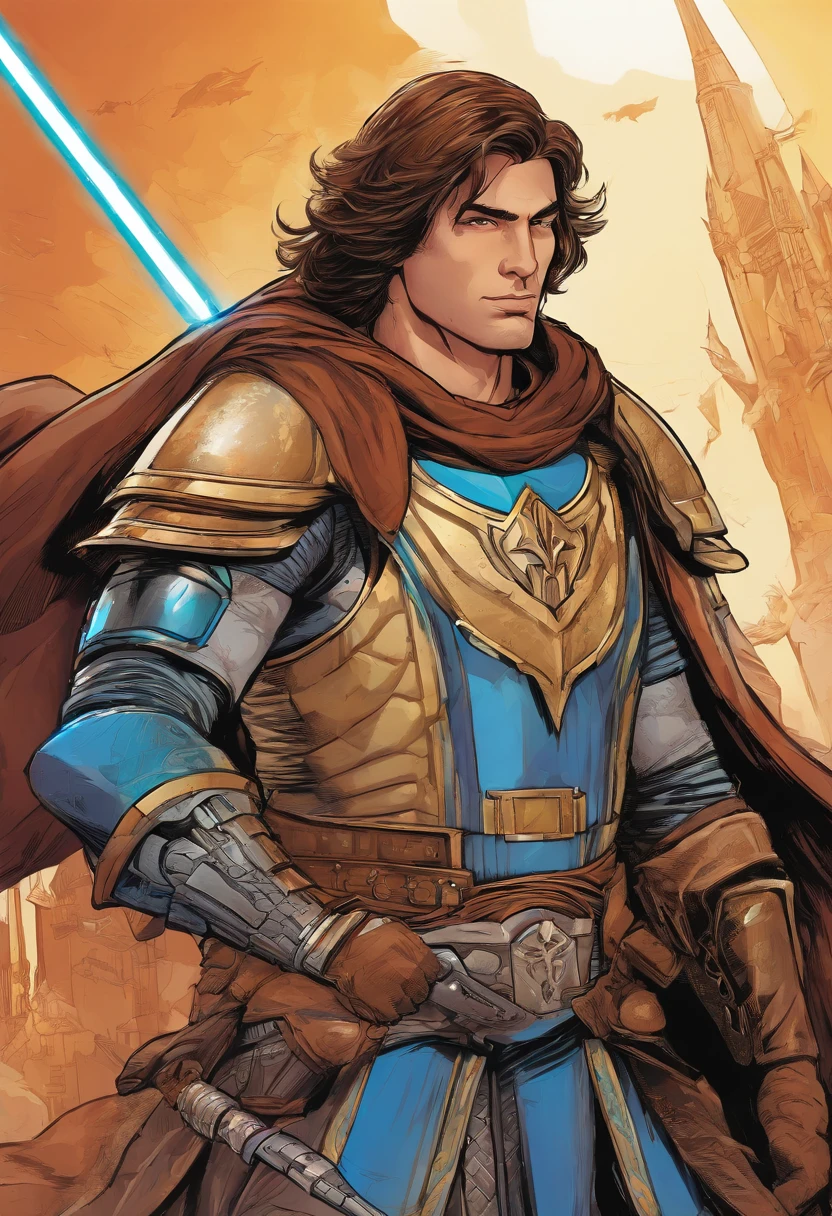 Brown hair, blues, armor, lightsabers, horse, white male, comic book, vigilante, digital art