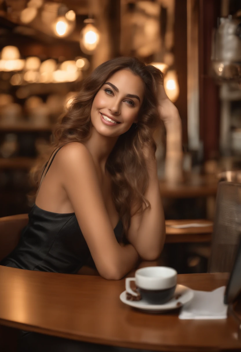 (Fotorrealista: 1.4), (beste-Qualit: 1.0), (ultra highres: 1.0), 8k, Photo RAW, (tmasterpiece: 0.2), 1fille, belle peau, detailed skin, Souriant, assis, Haut du corps, (dame de bureau :1.5, coffee shop:1.5) (topless)