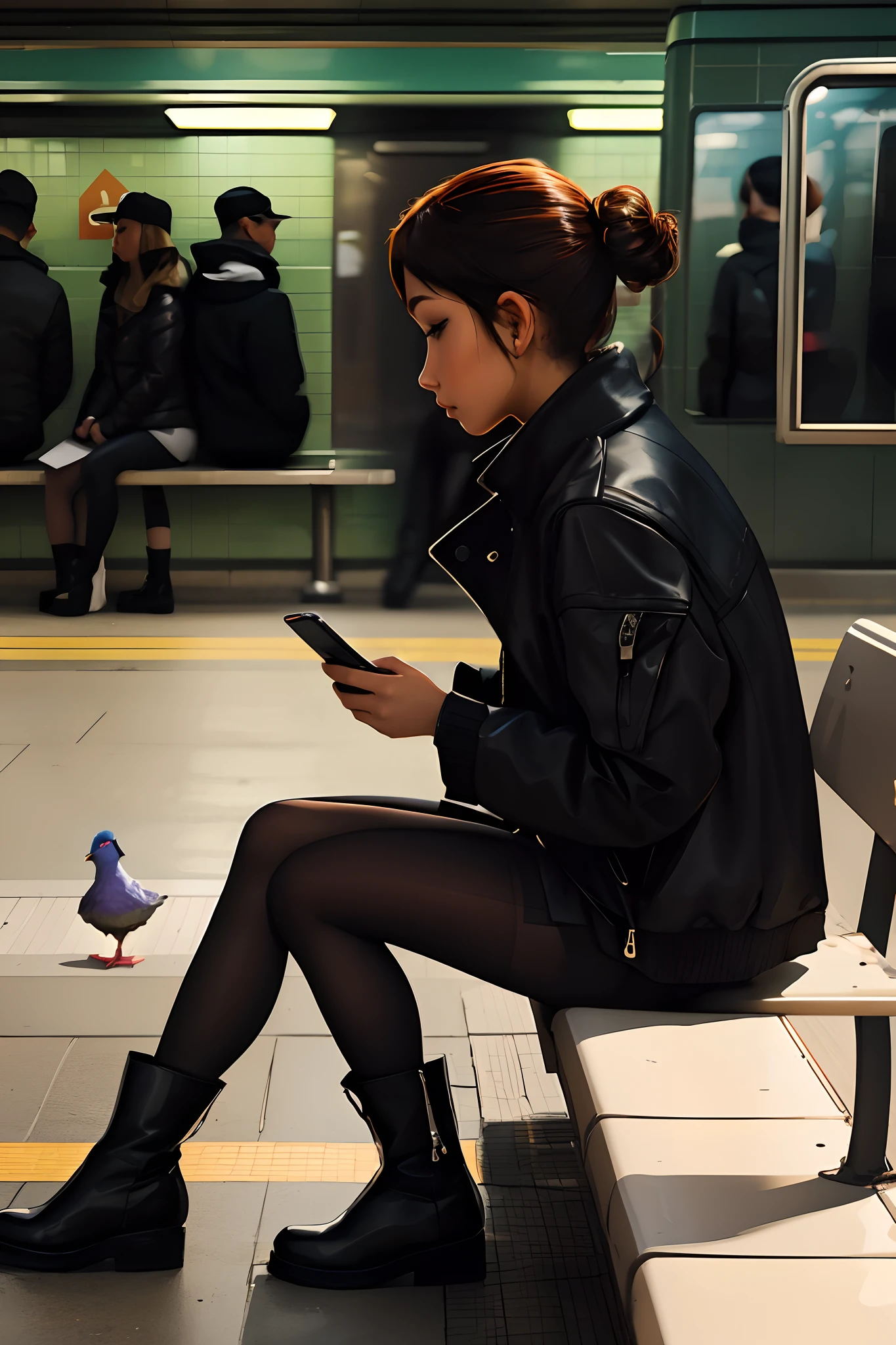 a beautiful girl wearing a black jacket, checking her phone, pantyhose, high boots, shorts, sitting on a bench in a subway station, artifical lights, with a pigeon in the bench, cinematic, draw, perfespective, from the left, profile, masterpiece, best quality, in the style of (samdoesarts)