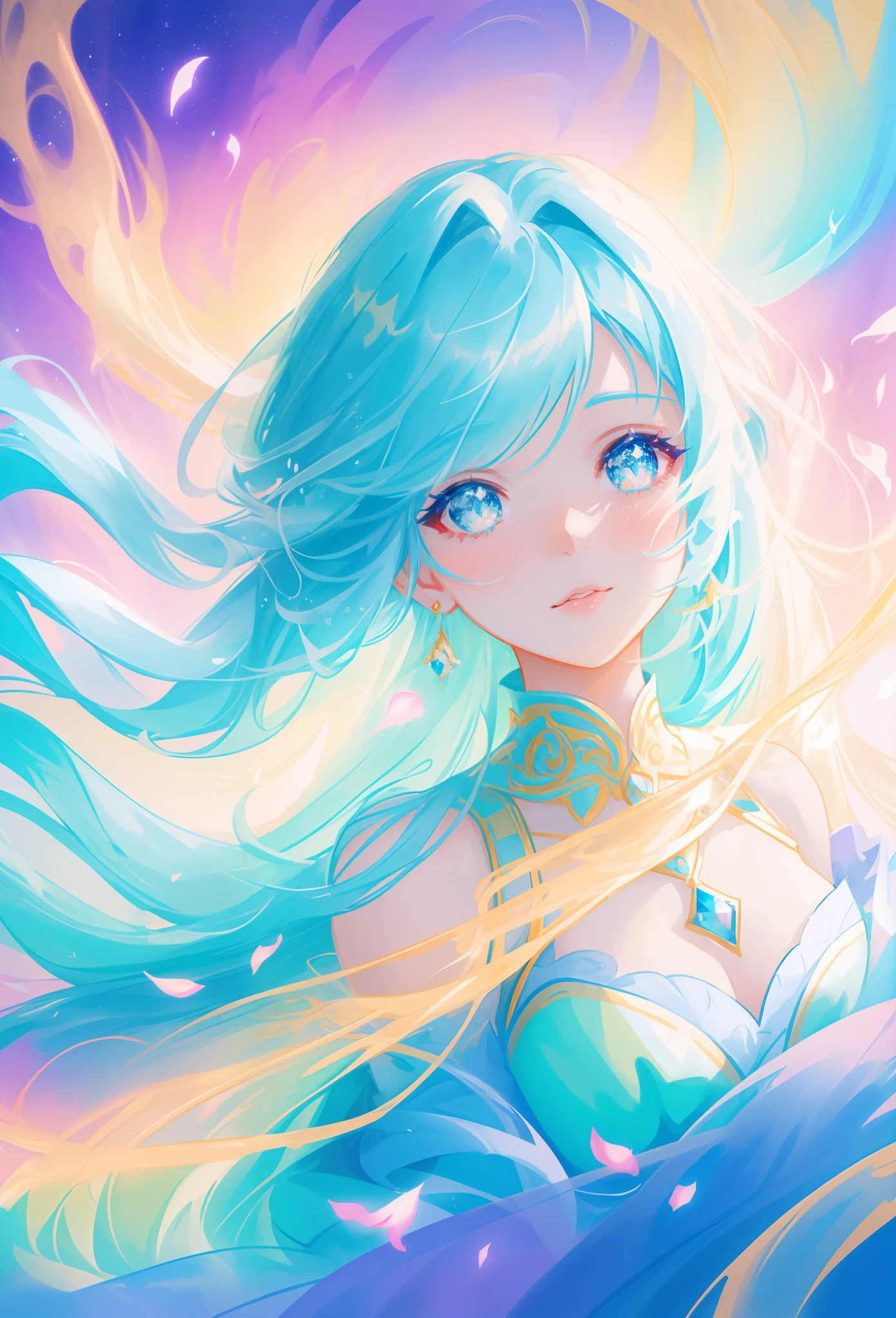 beautiful girl, flowing tiered ballgown, vibrant pastel colors, (colorful), glowing golden long hair, magical lights, sparkling magical liquid, inspired by Glen Keane, inspired by Lois van Baarle, disney art style, by Lois van Baarle, glowing aura around her, by Glen Keane, jen bartel, glowing lights! digital painting, flowing glowing hair, glowing flowing hair, beautiful digital illustration, fantasia background, whimsical, magical, fantasy, ((beautiful face)), ((masterpiece, best quality)), intricate details, highly detailed, sharp focus, 8k resolution, sparkling detailed eyes, liquid watercolor