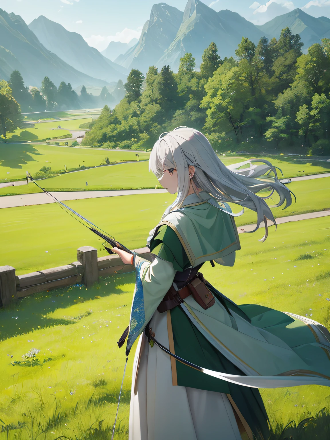 On a green meadow，There was a man standing，Lead a group of knights。The man held a silver-white Zhuge crossbow in his hand
break
She guides them to their destination with a brave expression。
break
Behind her，A green forest stretches out，Mountains in the distance。
break
The most suitable effect for this scene is the watercolor technique，to capture the softness of the grass and the fluidity of movement。