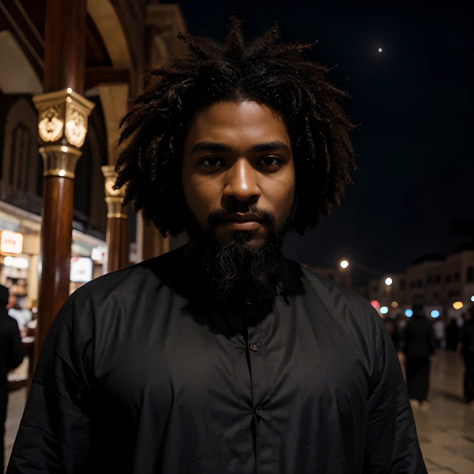 Black guy. Incomplete beard. narrow eyes. serene. mysterious as black. Madinah. night. look Afro hair is short. Superhero. Abaya.