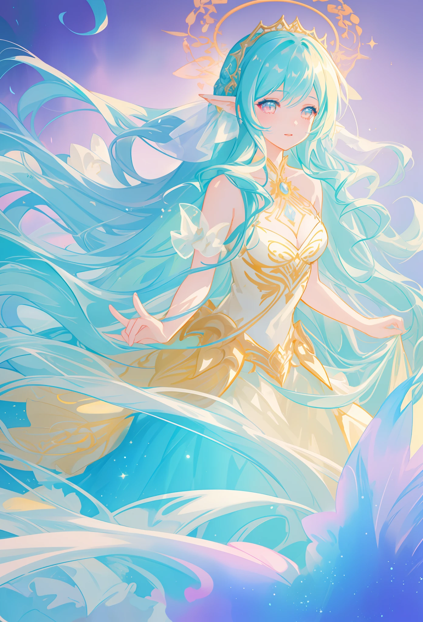 beautiful girl, flowing tiered ballgown, vibrant pastel colors, (colorful), glowing golden long hair, magical lights, sparkling magical liquid, inspired by Glen Keane, inspired by Lois van Baarle, disney art style, by Lois van Baarle, glowing aura around her, by Glen Keane, jen bartel, glowing lights! digital painting, flowing glowing hair, glowing flowing hair, beautiful digital illustration, fantasia background, whimsical, magical, fantasy, ((beautiful face)), ((masterpiece, best quality)), intricate details, highly detailed, sharp focus, 8k resolution, sparkling detailed eyes, liquid watercolor