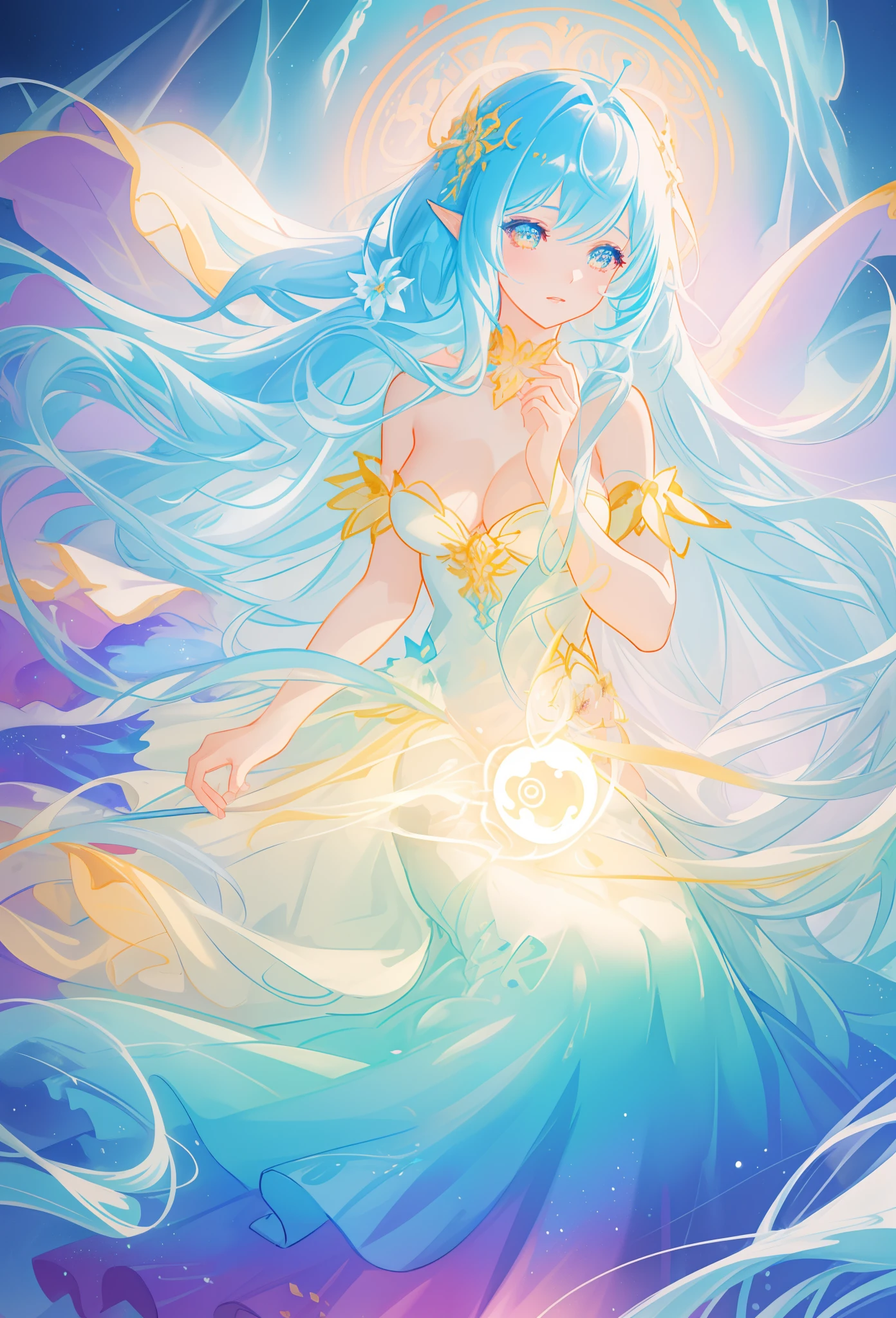 beautiful girl, flowing tiered ballgown, vibrant pastel colors, (colorful), glowing golden long hair, magical lights, sparkling magical liquid, inspired by Glen Keane, inspired by Lois van Baarle, disney art style, by Lois van Baarle, glowing aura around her, by Glen Keane, jen bartel, glowing lights! digital painting, flowing glowing hair, glowing flowing hair, beautiful digital illustration, fantasia background, whimsical, magical, fantasy, ((beautiful face)), ((masterpiece, best quality)), intricate details, highly detailed, sharp focus, 8k resolution, sparkling detailed eyes, liquid watercolor