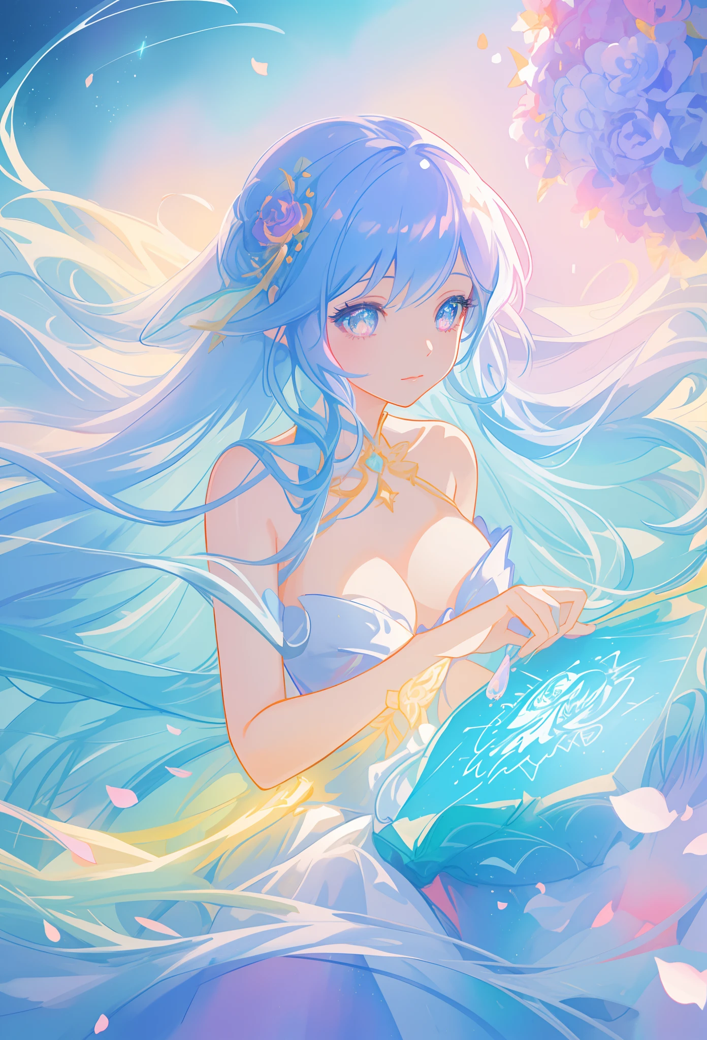 beautiful girl, flowing tiered ballgown, vibrant pastel colors, (colorful), glowing golden long hair, magical lights, sparkling magical liquid, inspired by Glen Keane, inspired by Lois van Baarle, disney art style, by Lois van Baarle, glowing aura around her, by Glen Keane, jen bartel, glowing lights! digital painting, flowing glowing hair, glowing flowing hair, beautiful digital illustration, fantasia background, whimsical, magical, fantasy, ((beautiful face)), ((masterpiece, best quality)), intricate details, highly detailed, sharp focus, 8k resolution, sparkling detailed eyes, liquid watercolor