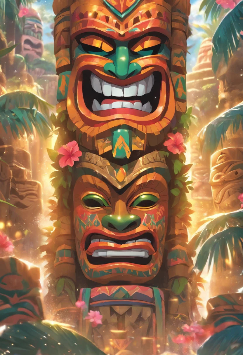 (((KU))) best quality, ultra-high resolution, 4K detailed CG, masterpiece, man, Hawaiian God, Hawaiian mythology, ((Tiki mask)), Maori image, aesthetic, screen-centric