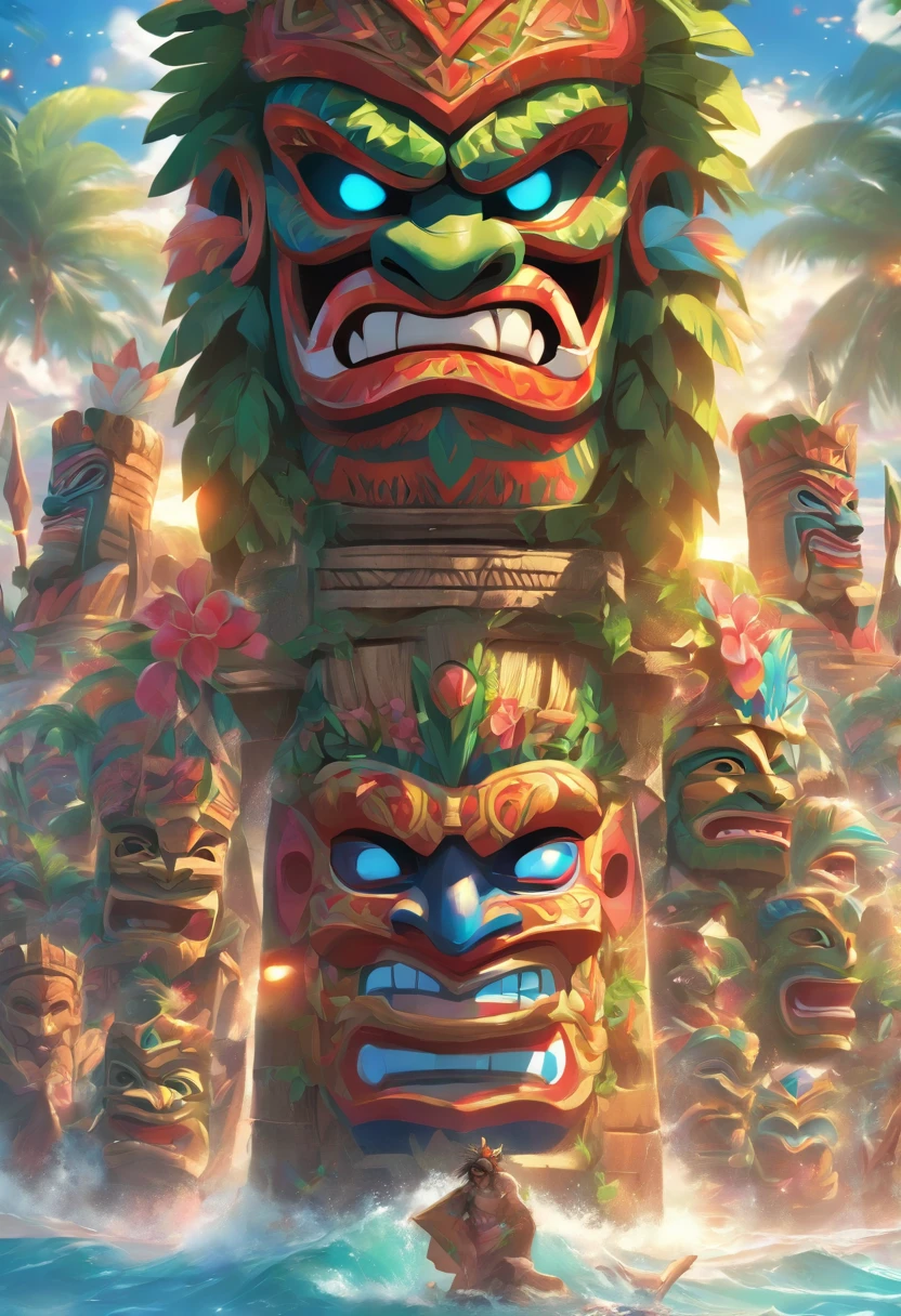 (((KU))) best quality, ultra-high resolution, 4K detailed CG, masterpiece, man, Hawaiian God, Hawaiian mythology, ((Tiki mask)), Maori image, aesthetic, screen-centric
