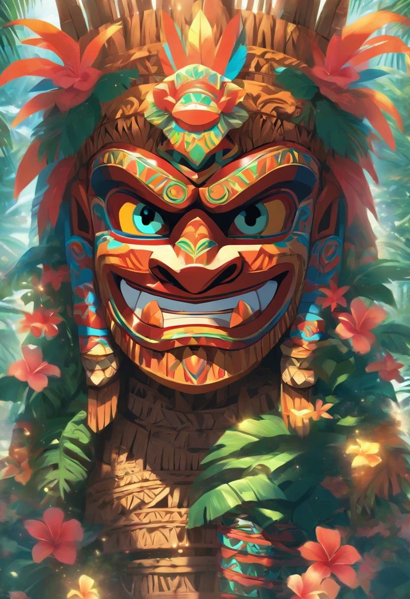 (((KU))) best quality, ultra-high resolution, 4K detailed CG, masterpiece, man, Hawaiian God, Hawaiian mythology, ((Tiki mask)), Maori image, aesthetic, screen-centric
