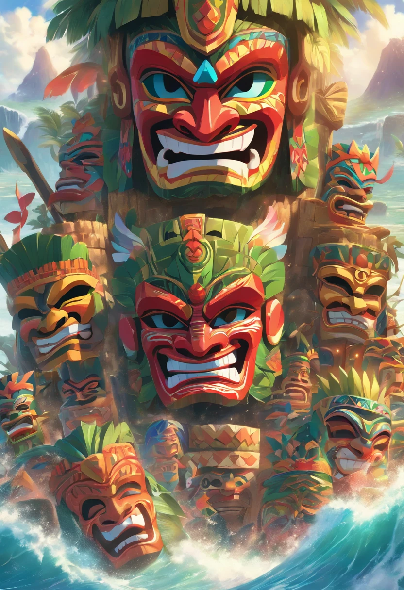 (((KU))) best quality, ultra-high resolution, 4K detailed CG, masterpiece, man, Hawaiian God, Hawaiian mythology, ((Tiki mask)), Maori image, aesthetic, screen-centric