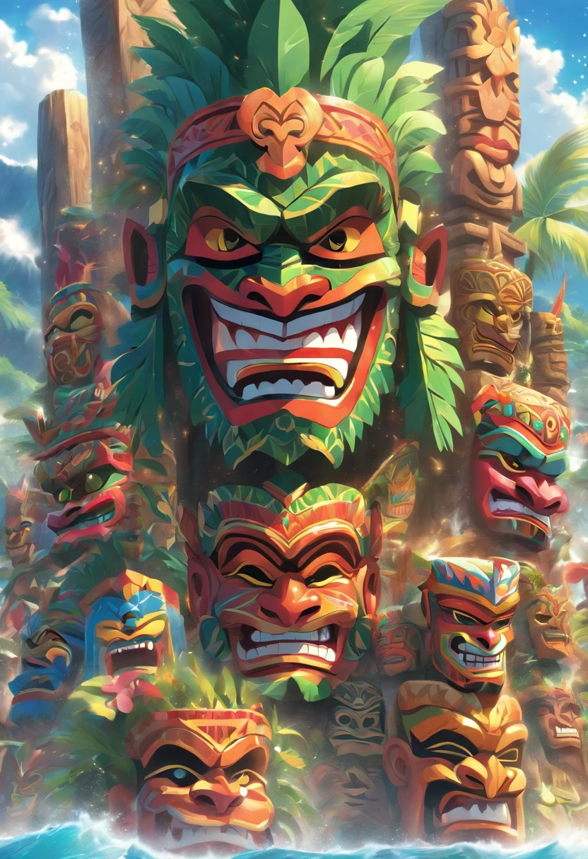 (((KU))) best quality, ultra-high resolution, 4K detailed CG, masterpiece, man, Hawaiian God, Hawaiian mythology, ((Tiki mask)), Maori image, aesthetic, screen-centric