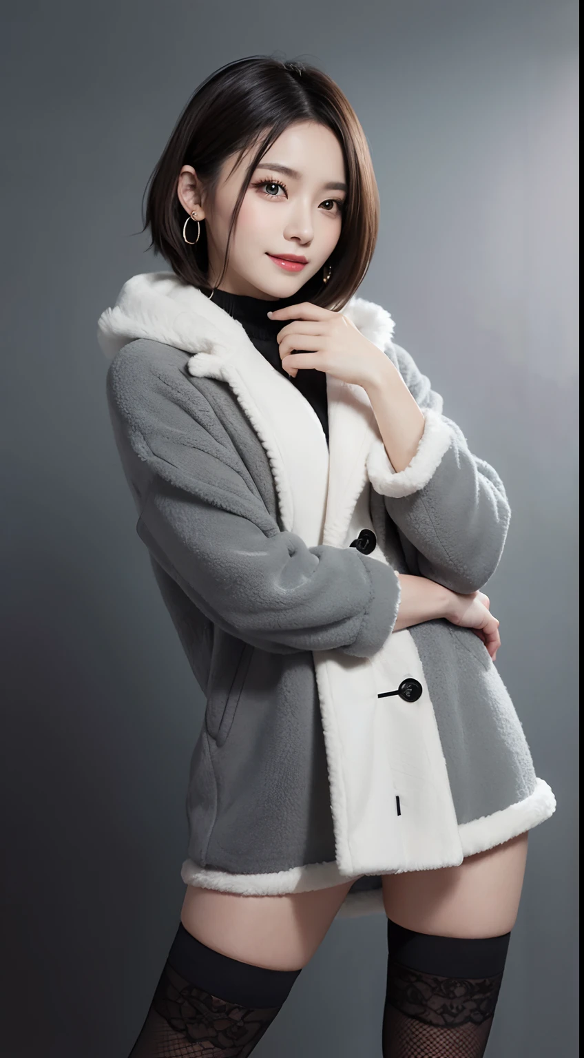 masutepiece, Best Quality, Photorealistic, top-quality, finely detail, Professional Lighting, High resolution, 8K、A hyper-realistic, 1 beautiful woman, Master works, Professional Photographer, in a fur coat of fluffy gray color,, Black miniskirt, short-hair, piercings, Model Makeup, Stockings, , Short boots, Facing the front, Full Body Pose, Perfect dynamic composition, Beautiful detailed eyes, Smile, In the winter park,