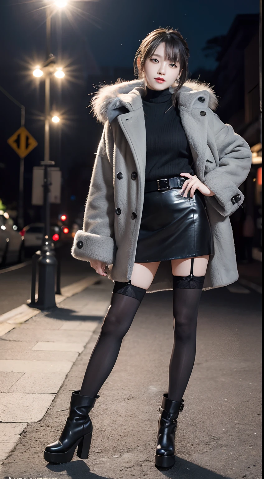 masutepiece, Best Quality, Photorealistic, top-quality, finely detail, Professional Lighting, High resolution, 8K、A hyper-realistic, 1 beautiful woman, Master works, Professional Photographer, in a fur coat of fluffy gray color,, Black miniskirt, short-hair, piercings, Model Makeup, Stockings, , Short boots, Facing the front, Full Body Pose, Perfect dynamic composition, Beautiful detailed eyes, Smile, In the winter park,