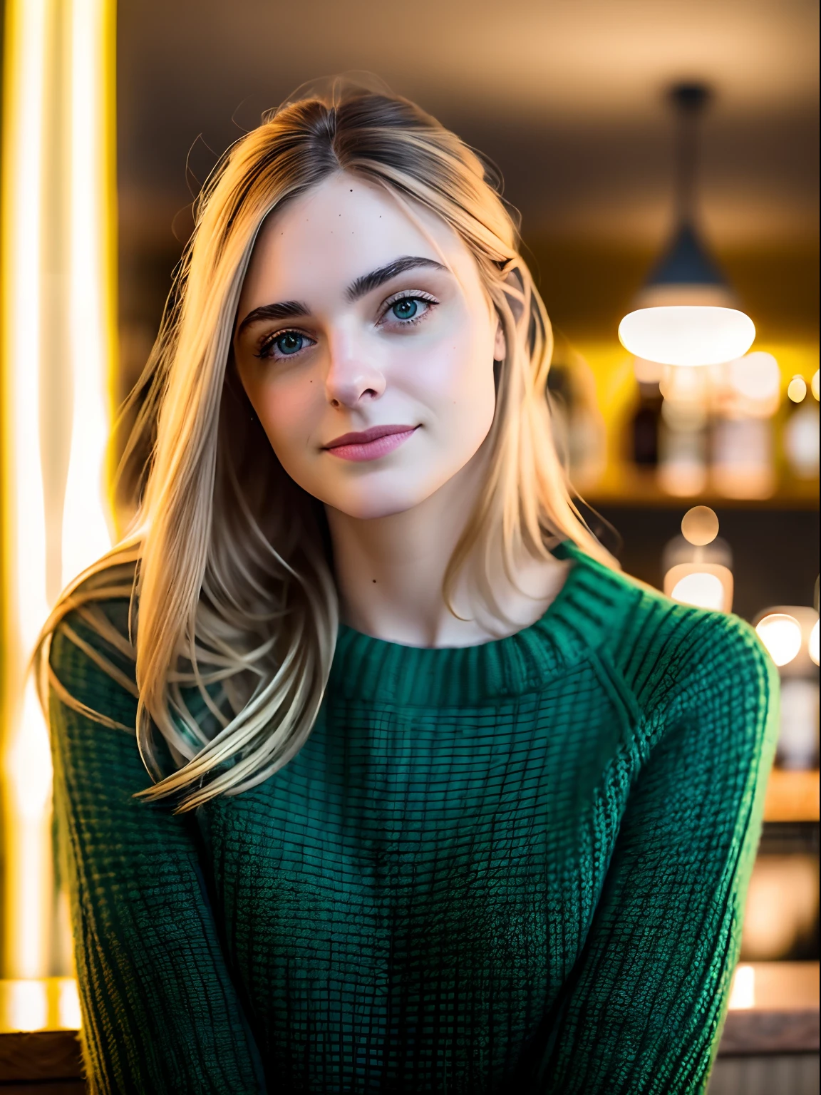 Una mujer naturalmente hermosa, in a yellow low-necked sweater, Noche de invierno en el Bar, [franco:0.5, aficionado:0.5], 8k, .RAW, UHD, Cara perfecta, Impresionantes ojos claros, [sonrisa perfecta], (((cerrar)))