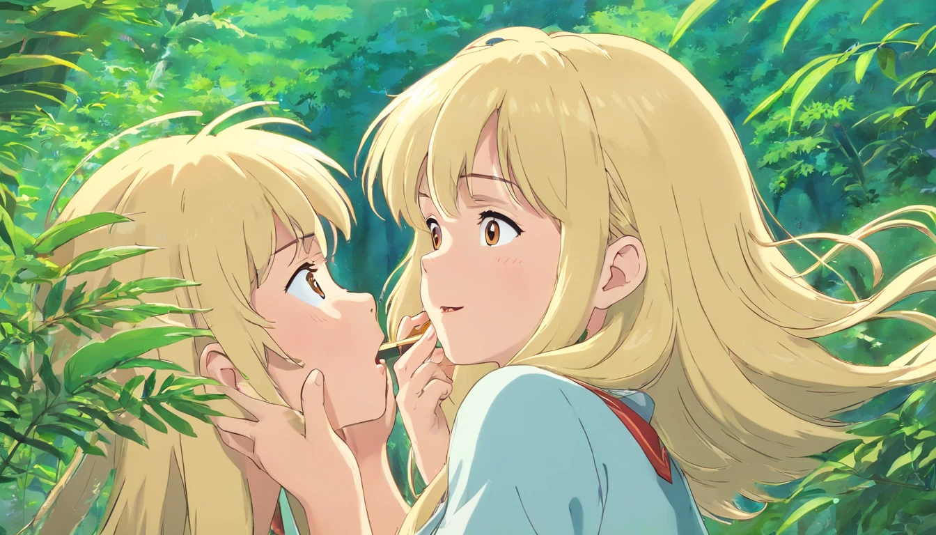 a blonde woman giving a blowjob