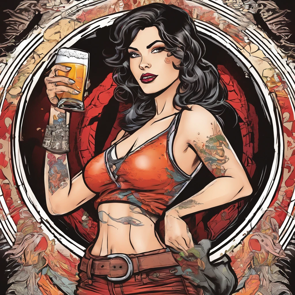 circular drawing of a sensual woman in rocker style with a beer in her right and left hands making the rock and roll symbol, with tattoos on her arm, with the Rolling Stones logo in the background