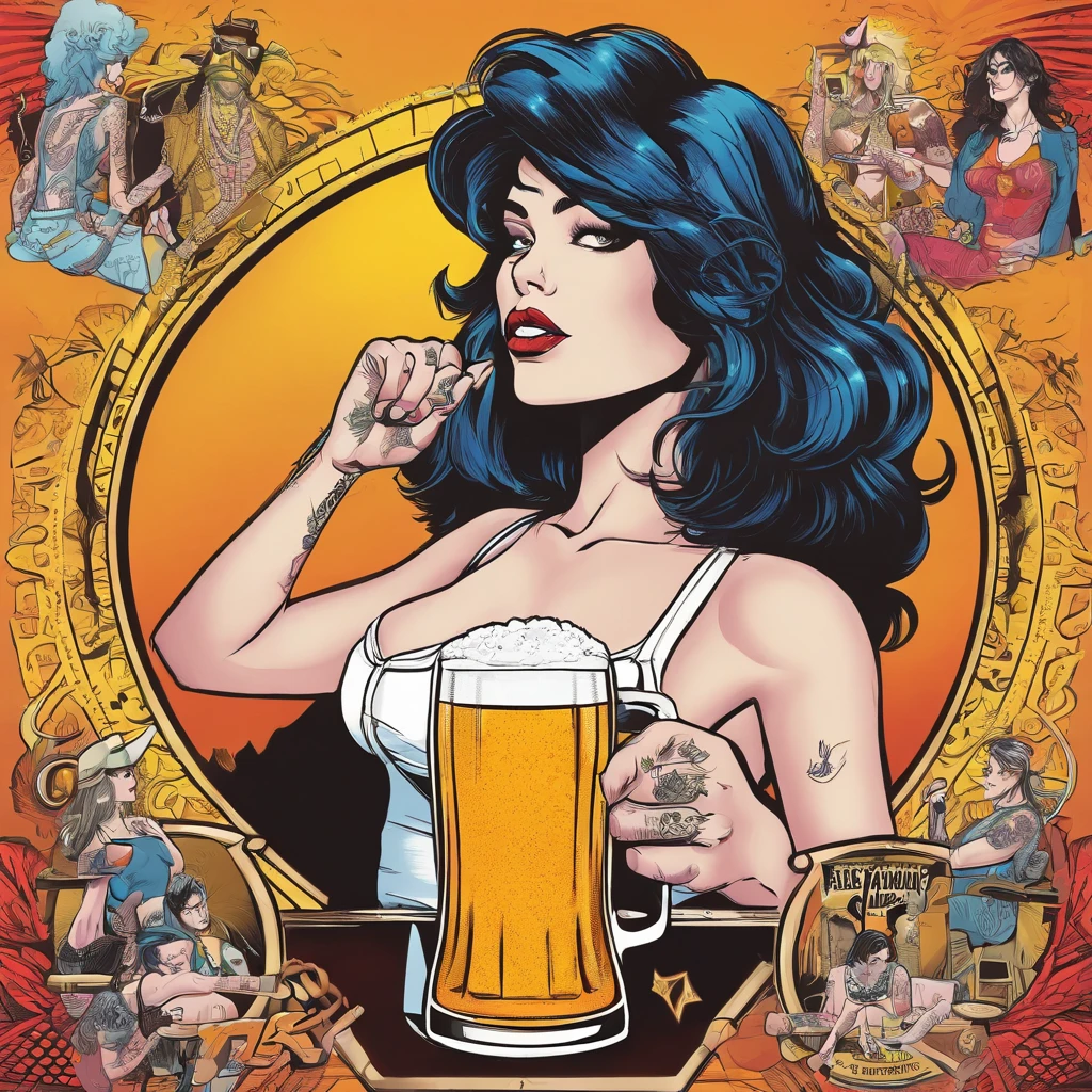 circular drawing of a sensual woman in rocker style with a beer in her right and left hands making the rock and roll symbol, with tattoos on her arm, with the Rolling Stones logo in the background