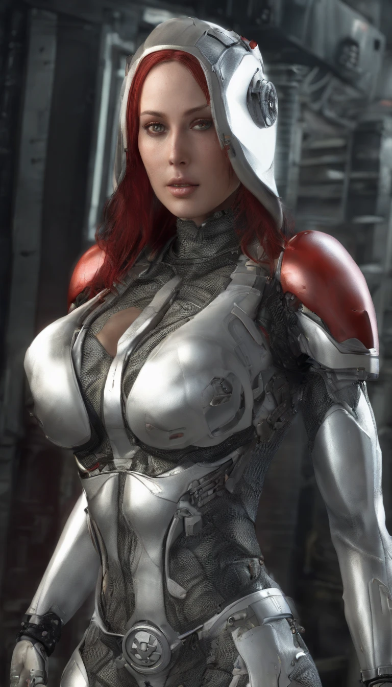 Cybernetic Woman, With a perfect sculptural whole body, realisitic, Belly button appears, (Big and perfect breasts), neckline, ..3D, There is a hood and cape on the head, And the red visor of the right eye, anime style 3d, ultra realisic, high image quality,
